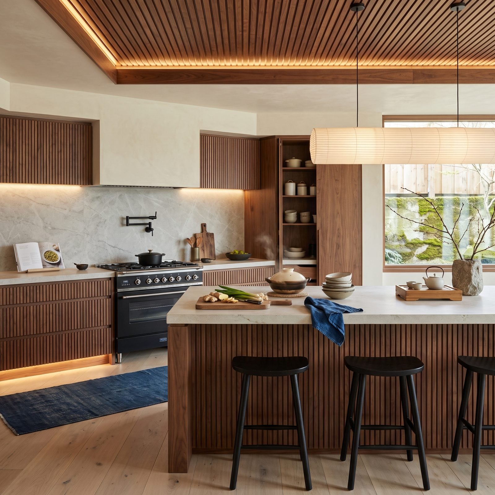 Cream Tadelakt With Slatted Walnut Fronts