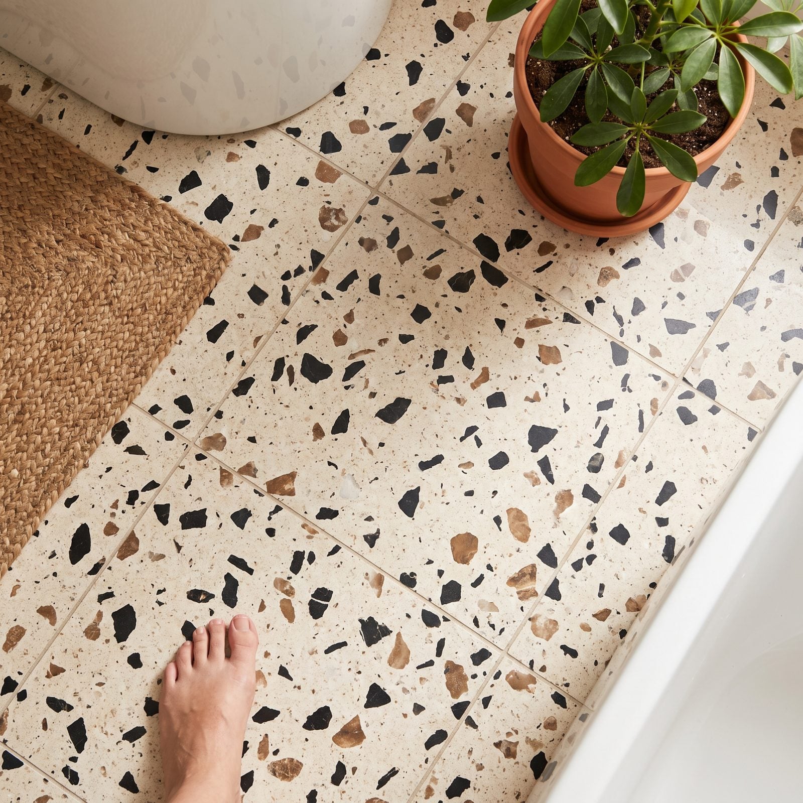 Cream Terrazzo Bathroom With Black Aggregate