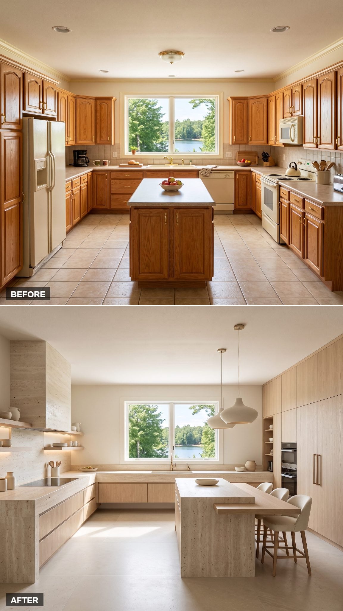Warm contemporary kitchen combining cream travertine with rift-cut white oak cabinetry