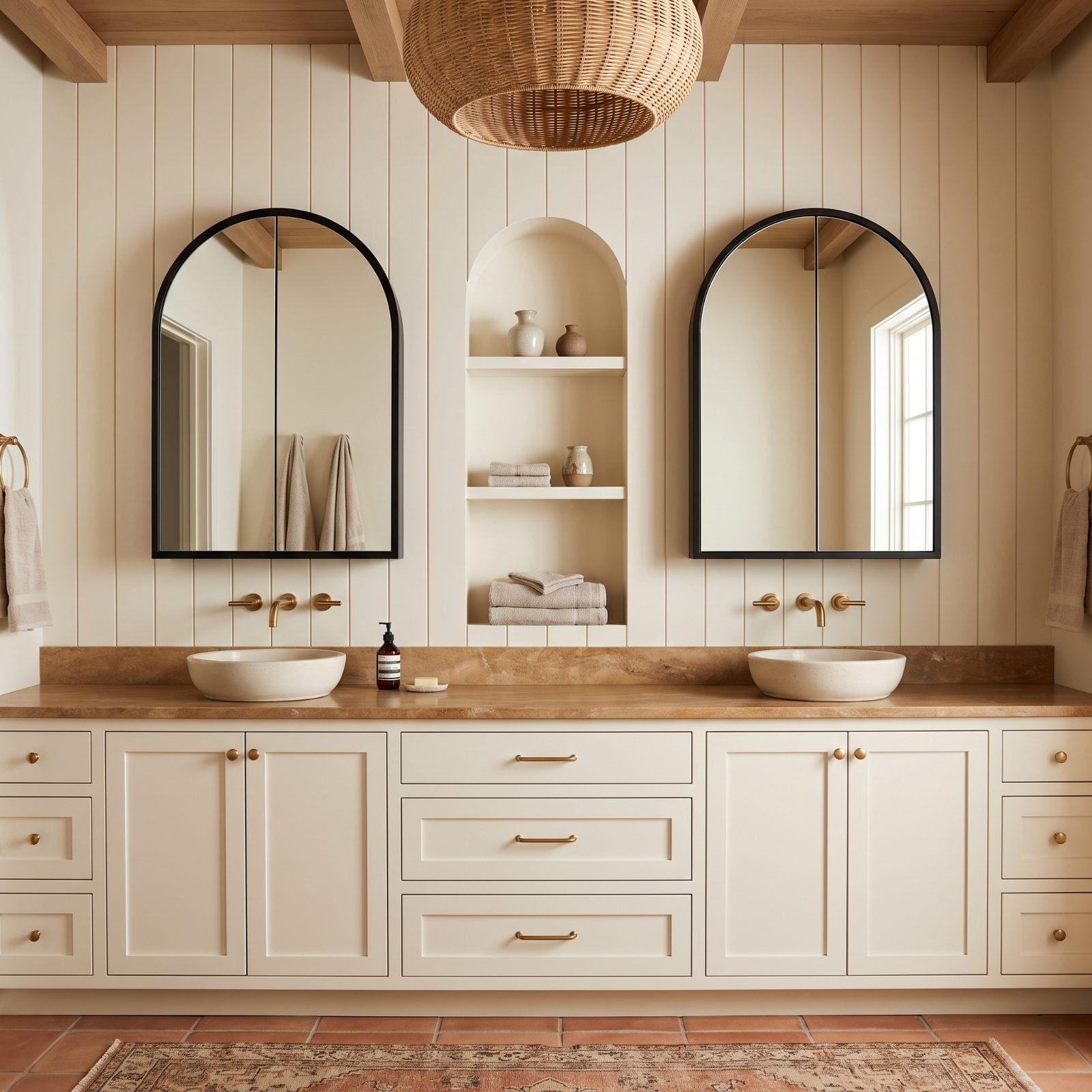 Cream Vanity Wall With Black Arched Medicine Cabinets