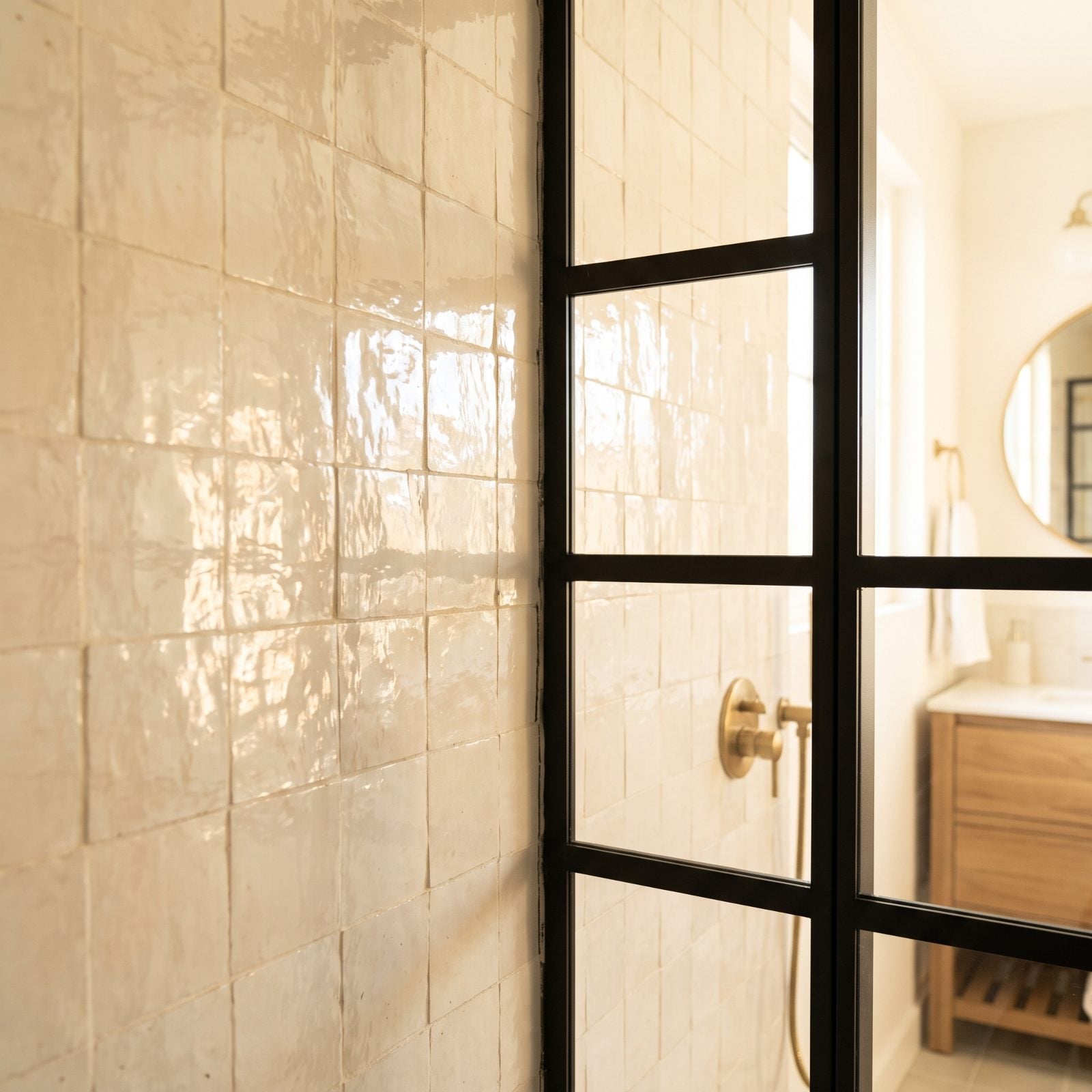 Cream Zellige Shower With a Black Steel Grid Screen