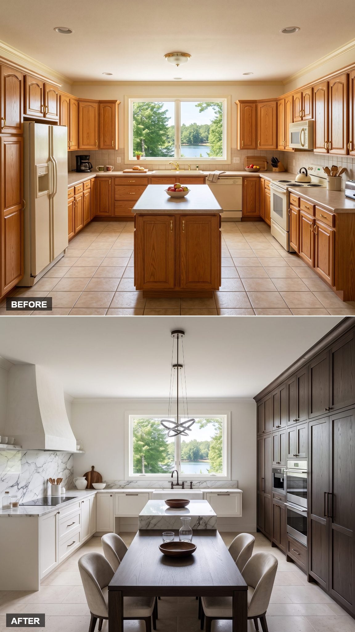 Two-tone kitchen with crisp white upper cabinetry, espresso-stained oak lower cabinetry and brass hardware