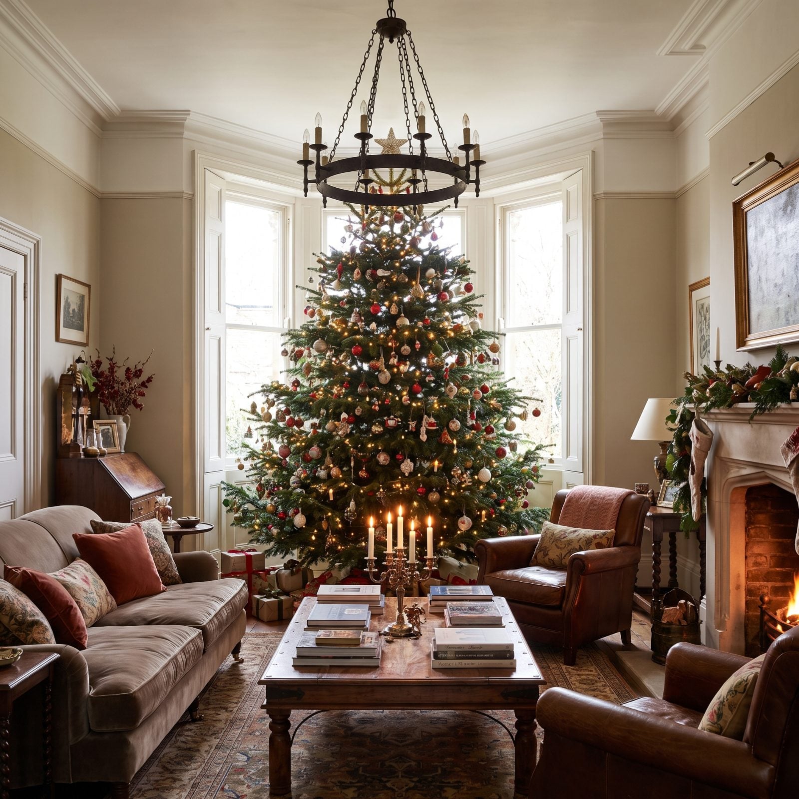 Small living room with an oversized Christmas tree jammed into a three-panel bay window, branches pressed against all the
