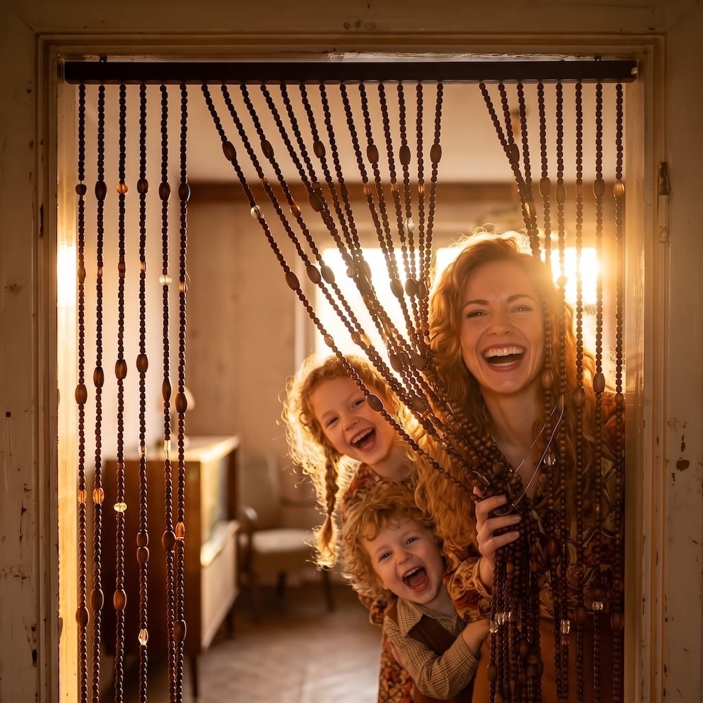 woman and 2 kids peeking through beaded curtain