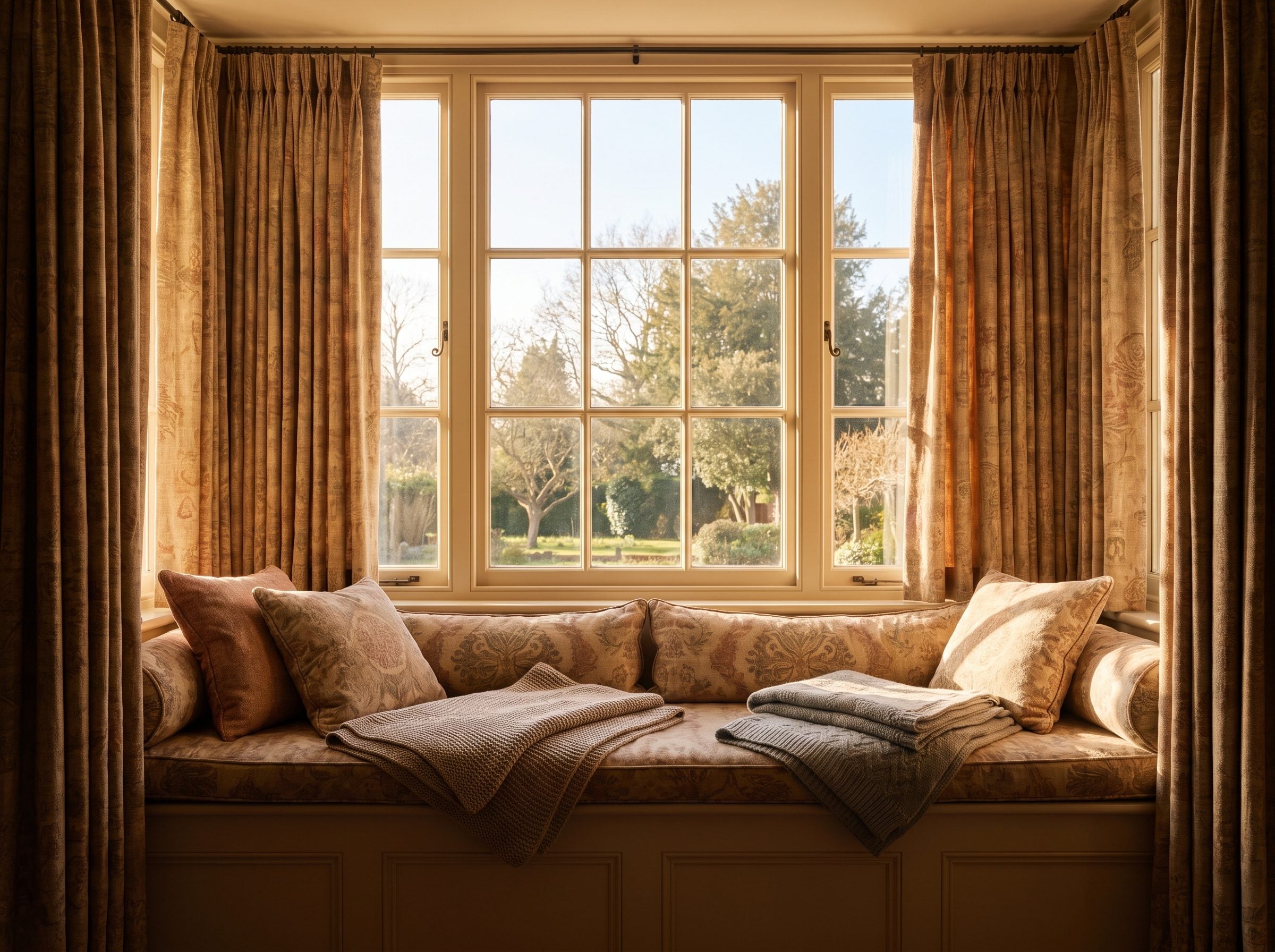 Bay window nook with a built-in bench and linen curtain panels ending about an inch above the seat cushion.