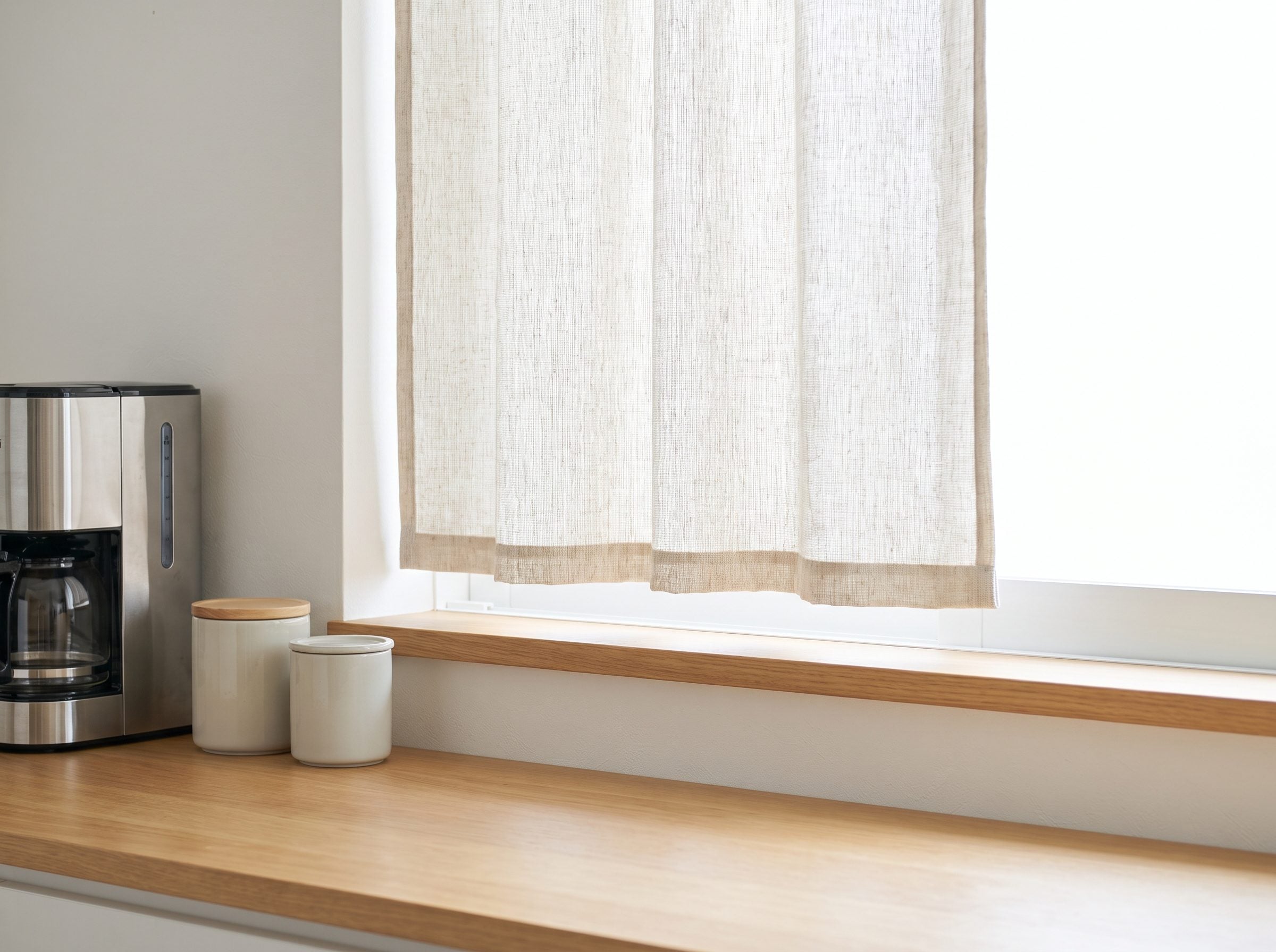 Kitchen window over the sink with a linen cafe curtain hem ending at the sill, about 30 inches above the counter.