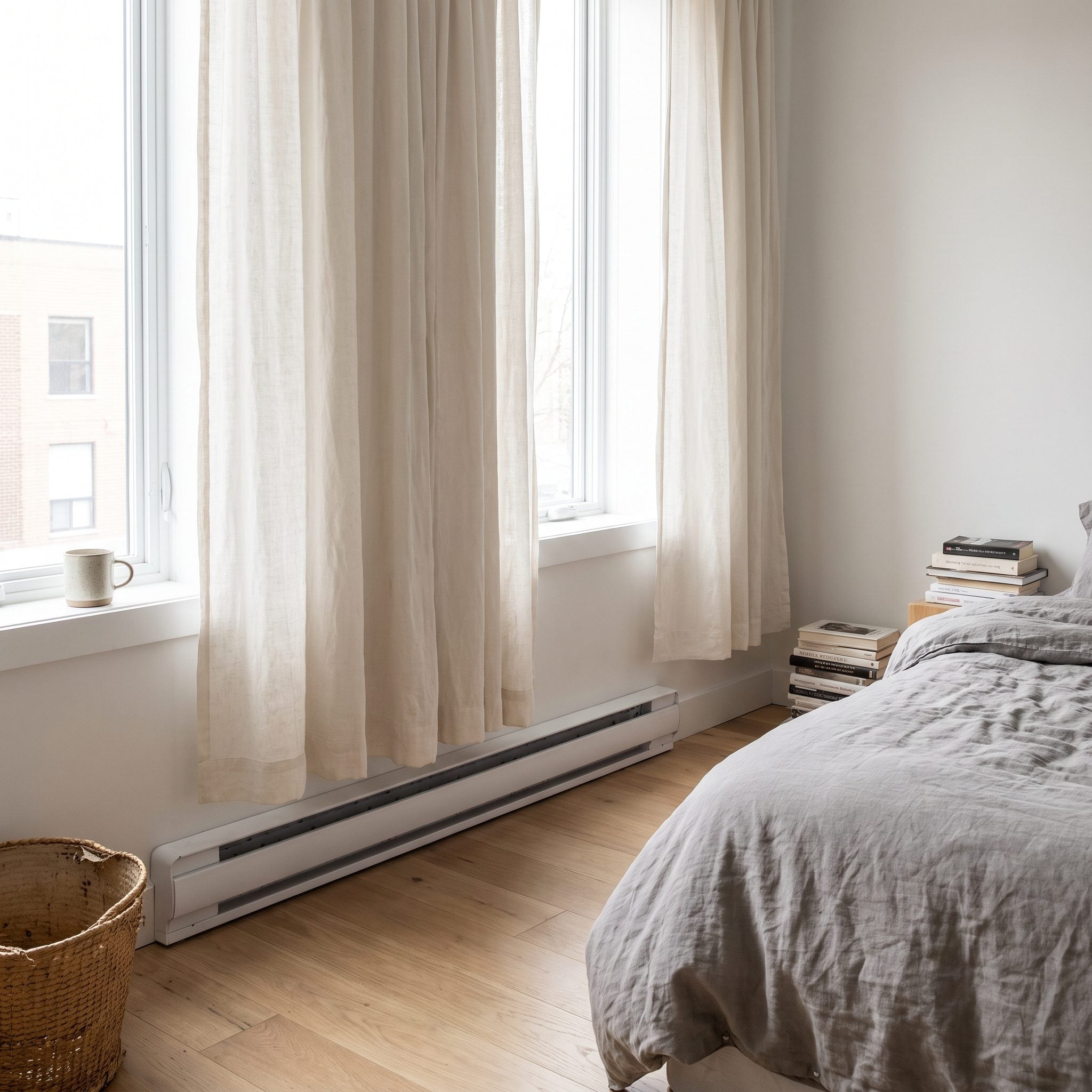 Bedroom window with sill-length curtains ending about twelve inches above the baseboard heater below.
