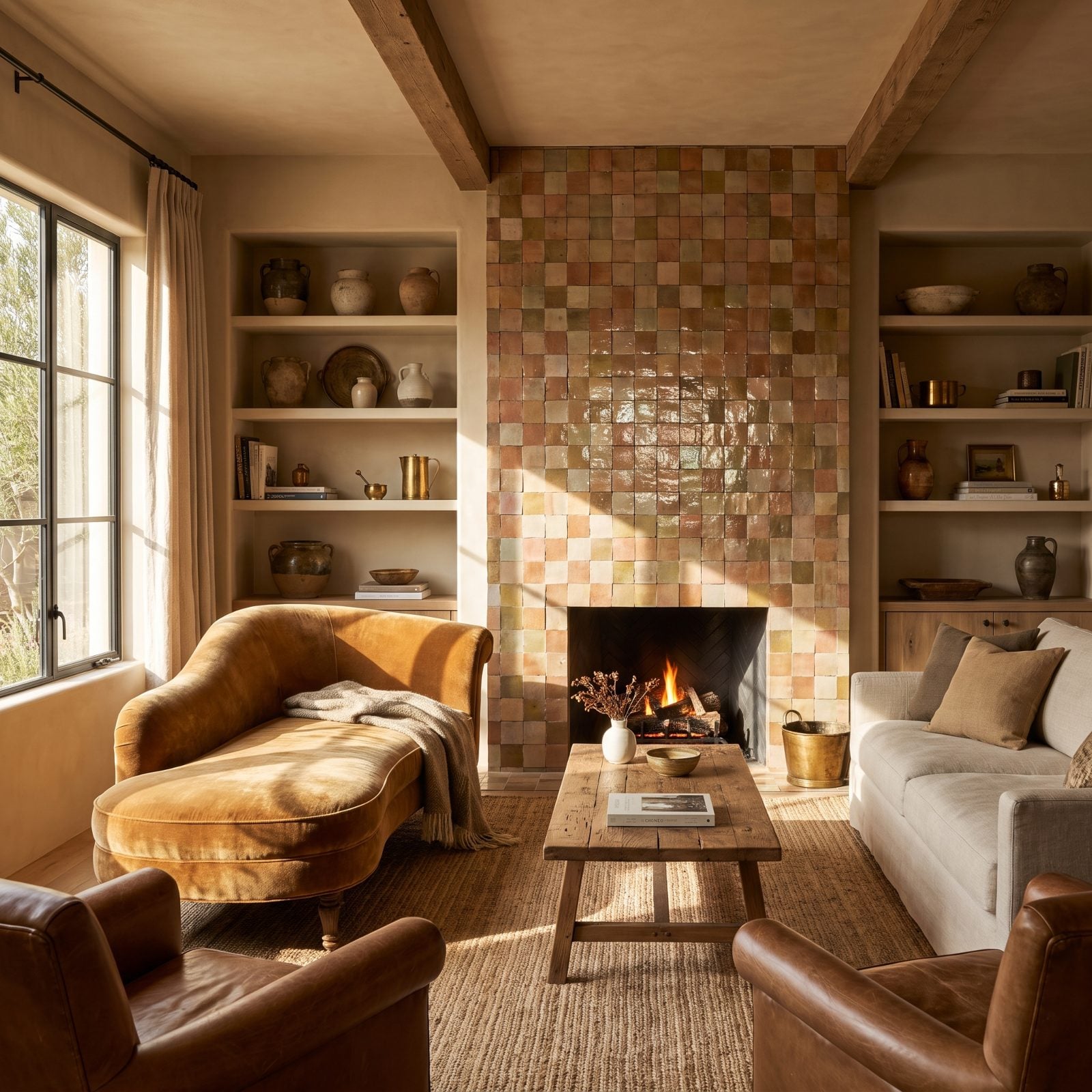 Curved Chaise Beside a Mediterranean Tiled Fireplace