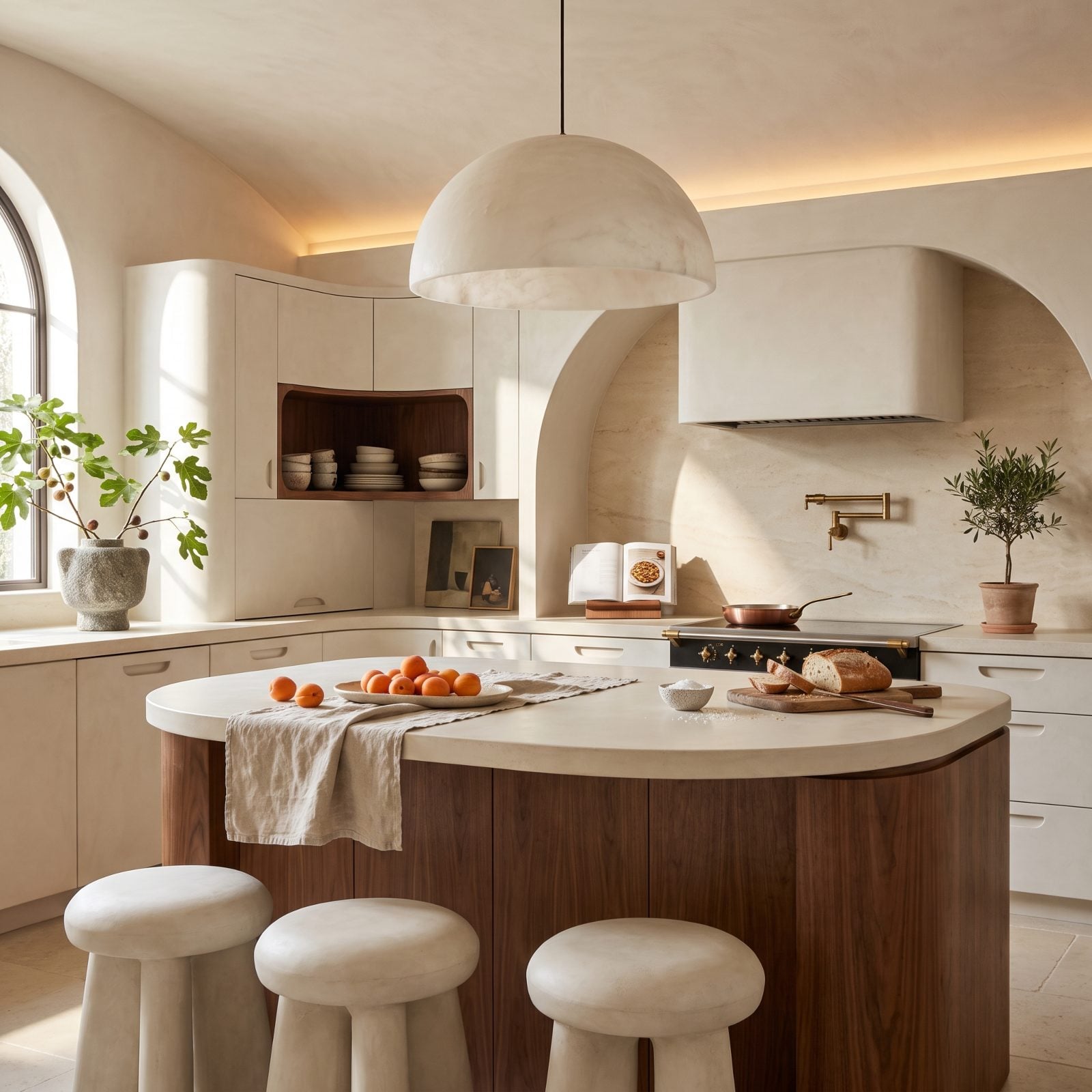 Curved Cream Microcement With a Rounded Walnut Island