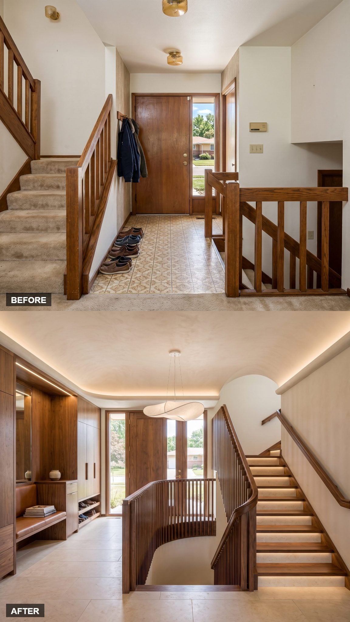 Curved Walnut Screen and a Limestone Stair Hall