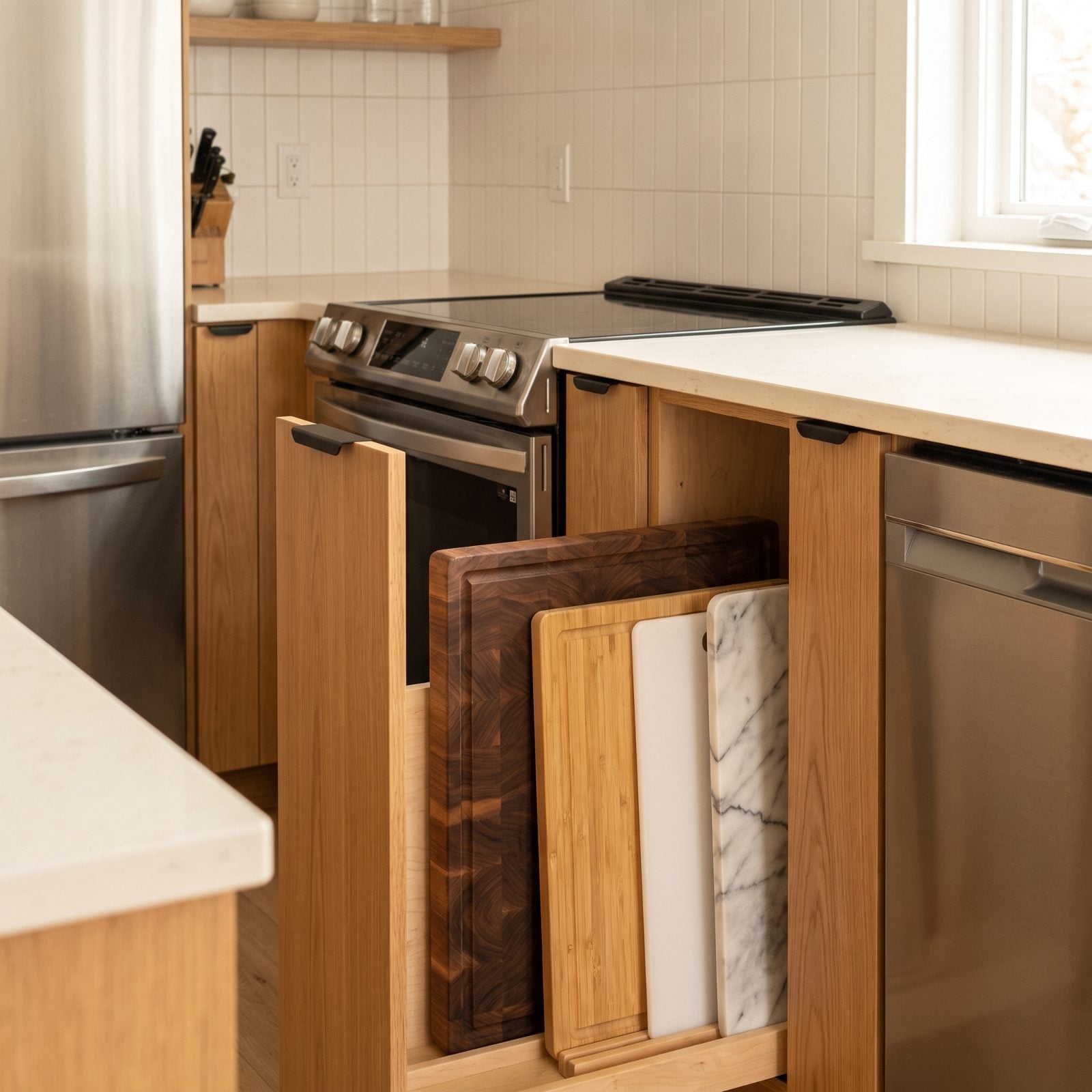 Cutting Boards Stored Vertically Beside the Prep Counter
