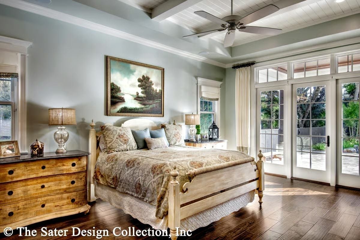 Whitewashed Bed Frame, Coffered Ceiling, and French Doors Worth Waking Up To