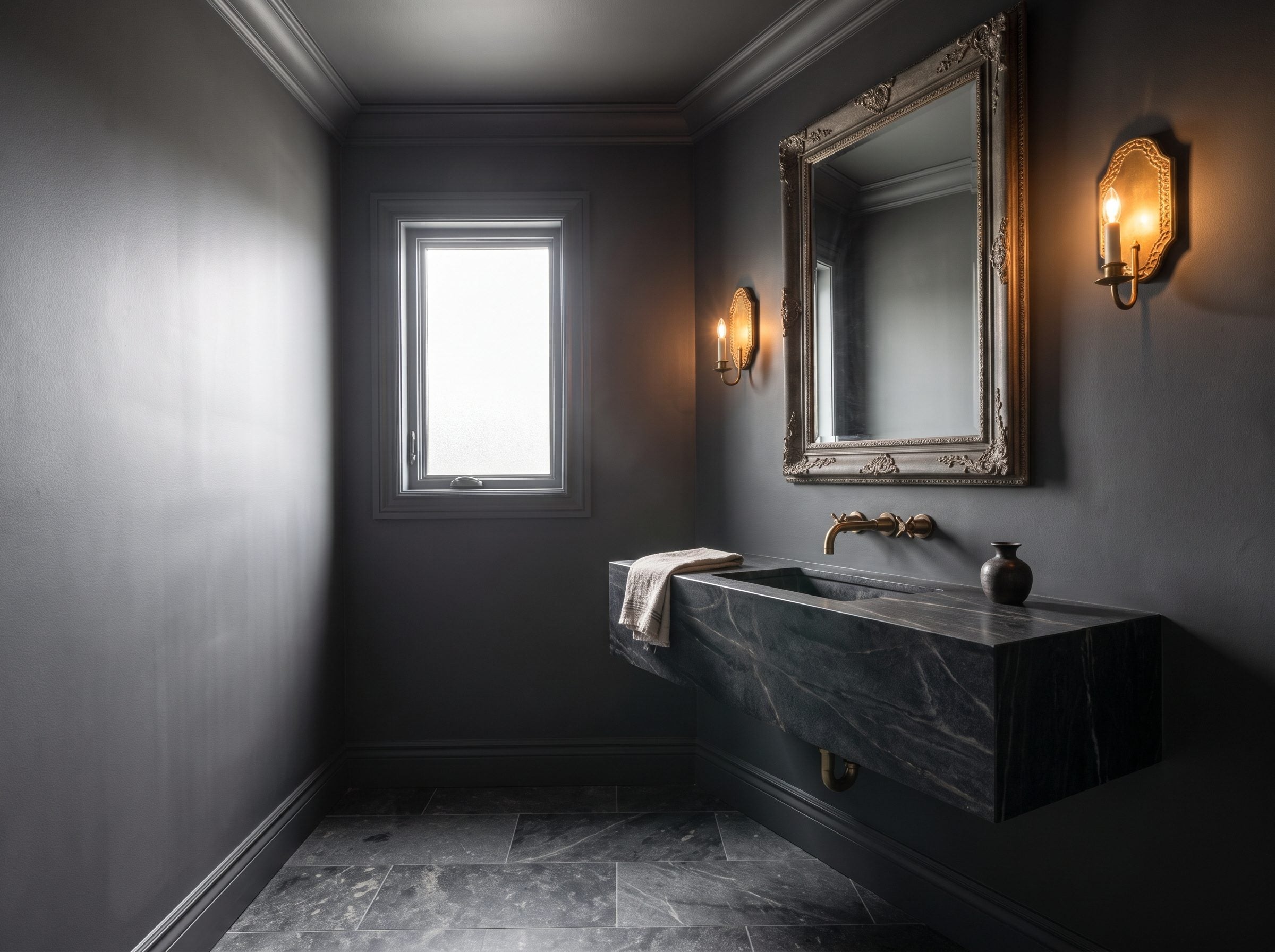 Powder room with graphite gray walls, ceiling, trim and door, a floating veined-stone vanity 32 inches off a dark stone
