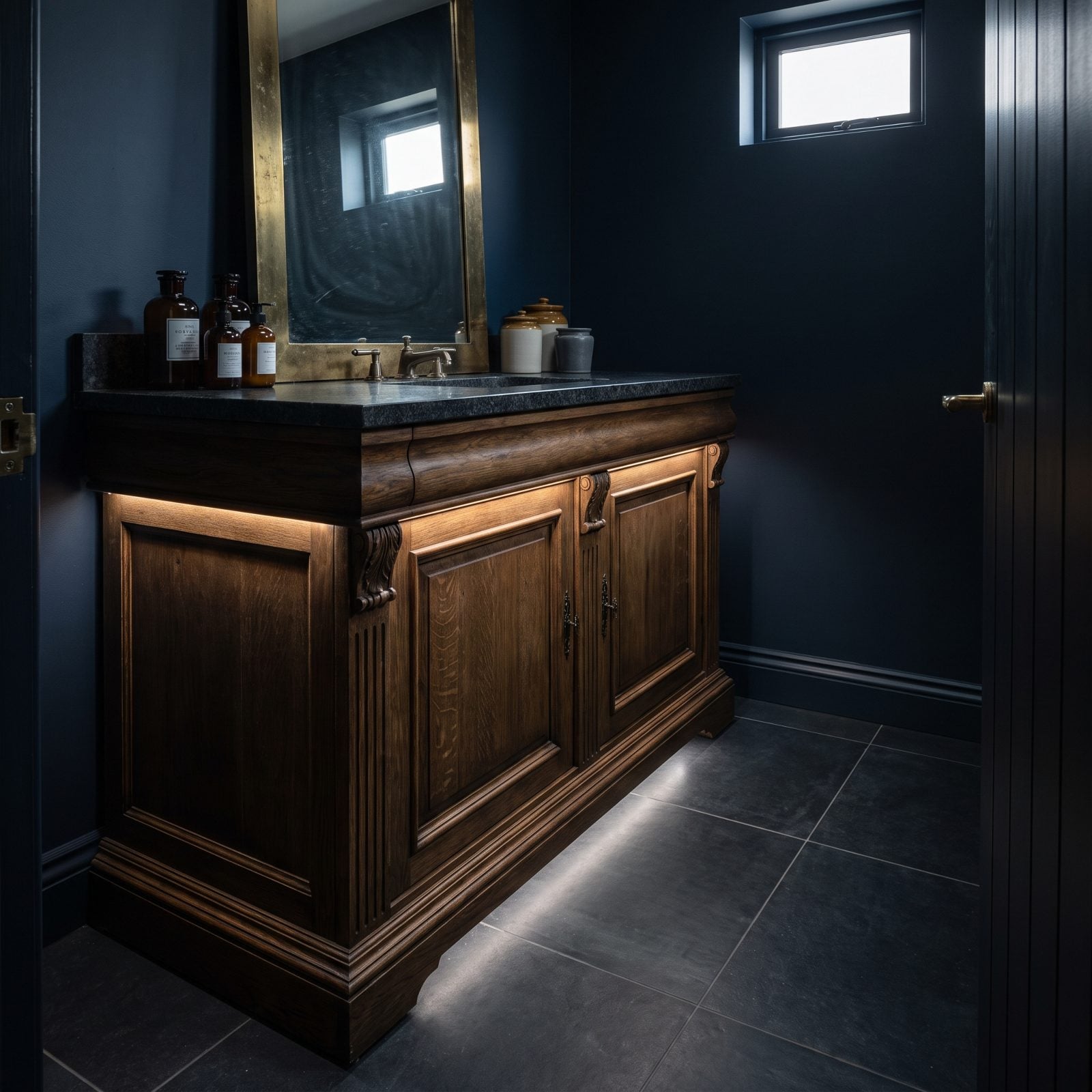 Small bathroom with a large dark espresso double vanity running nearly wall to wall, leaving a tight 28-inch walkway.