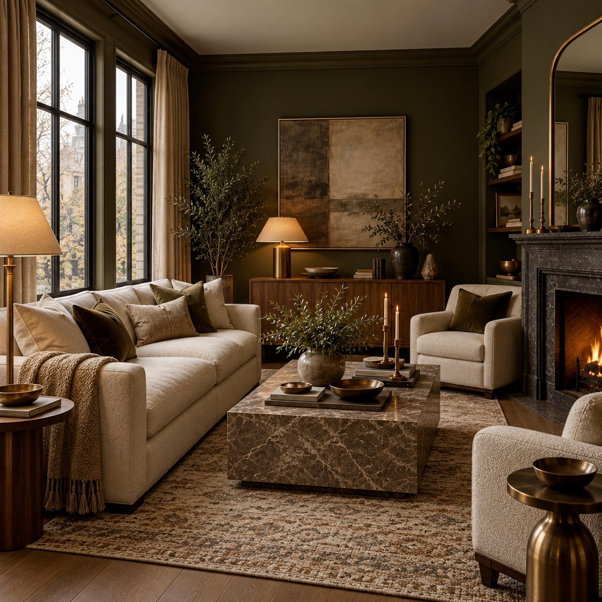 Small north-facing living room with deep olive walls, cream seating, walnut furniture, brass lighting, and a dark stone fireplace