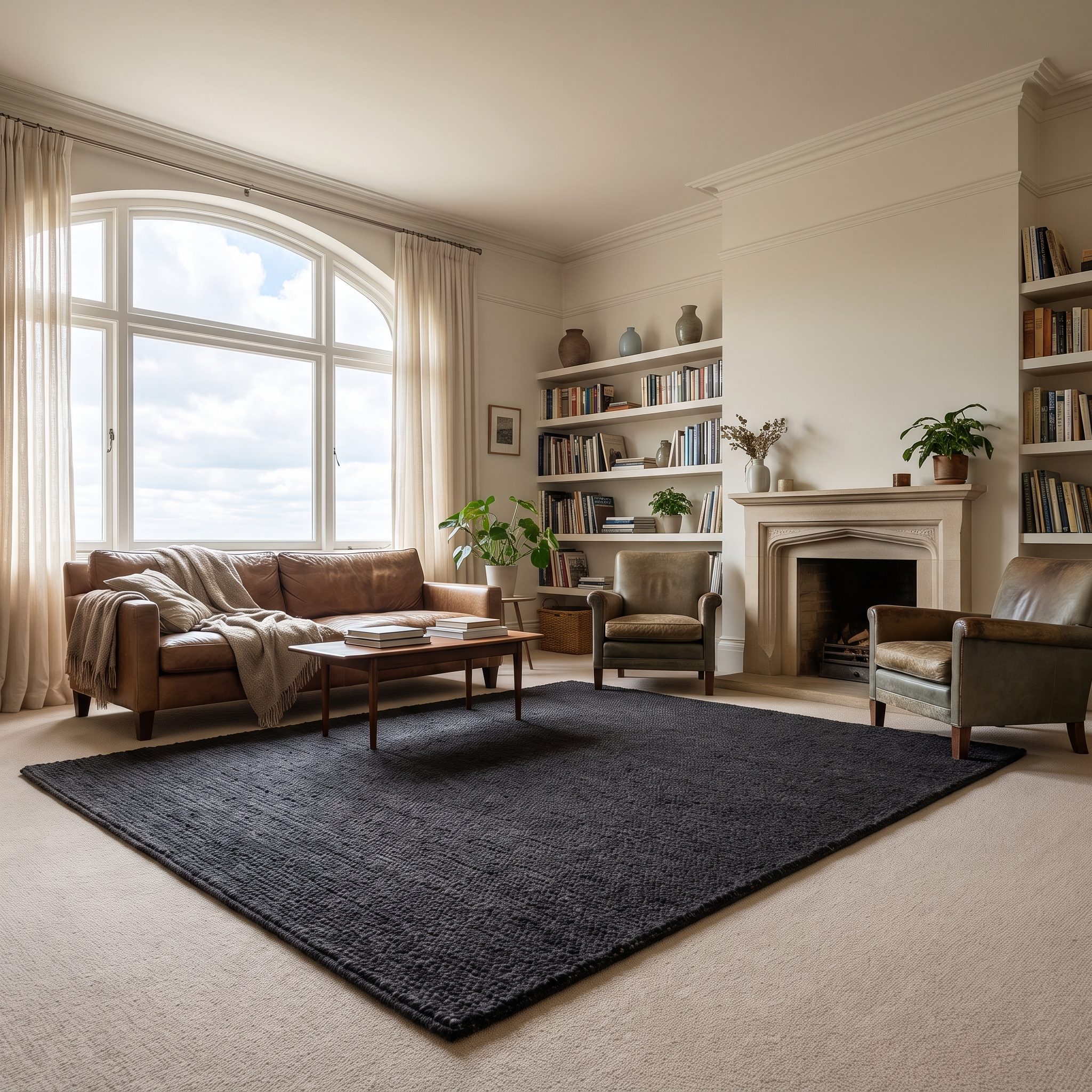 Living room with a nine-by-twelve charcoal rug centered on oat-colored wall-to-wall carpet