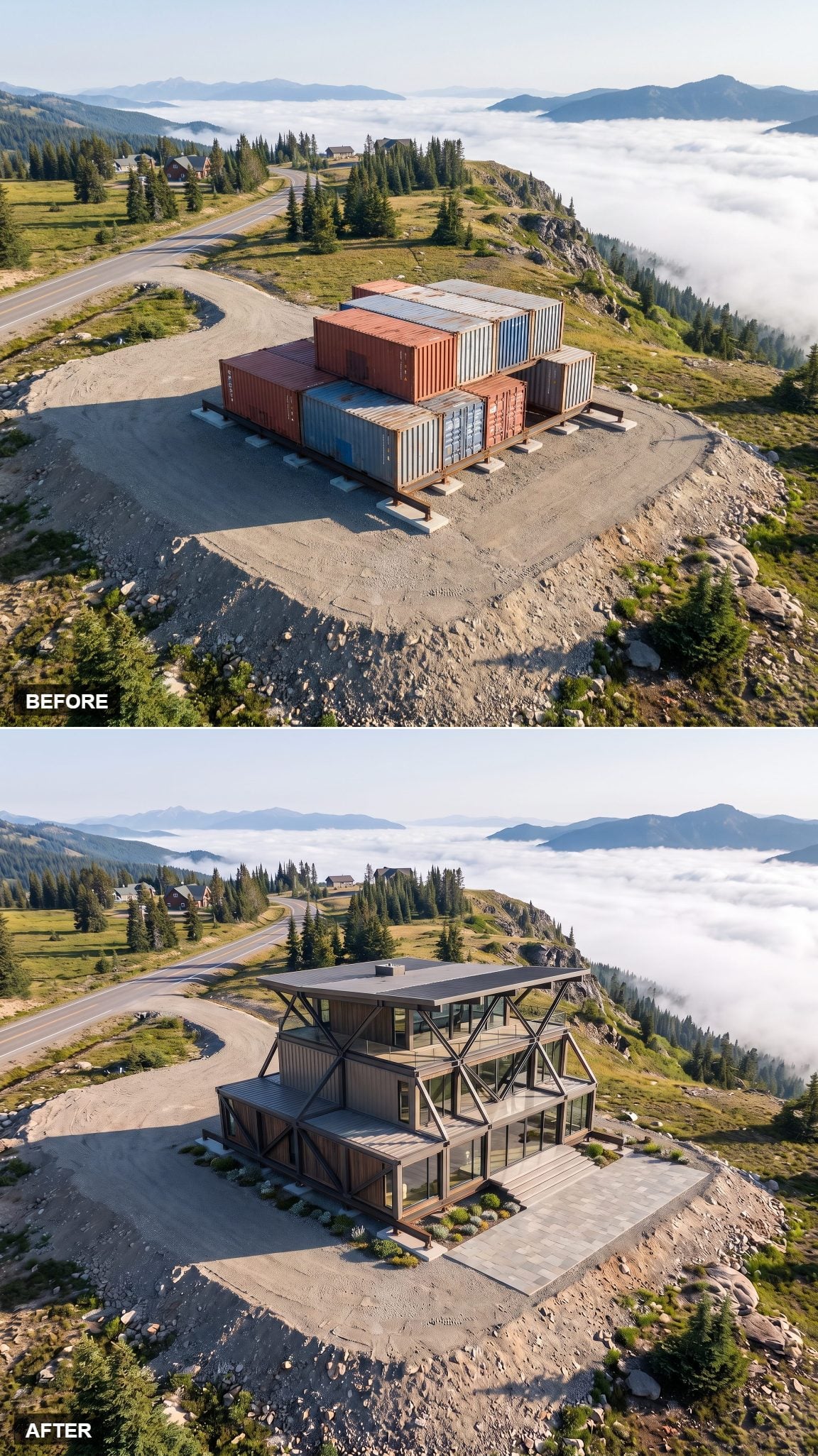 Container house concept with a dark external steel frame