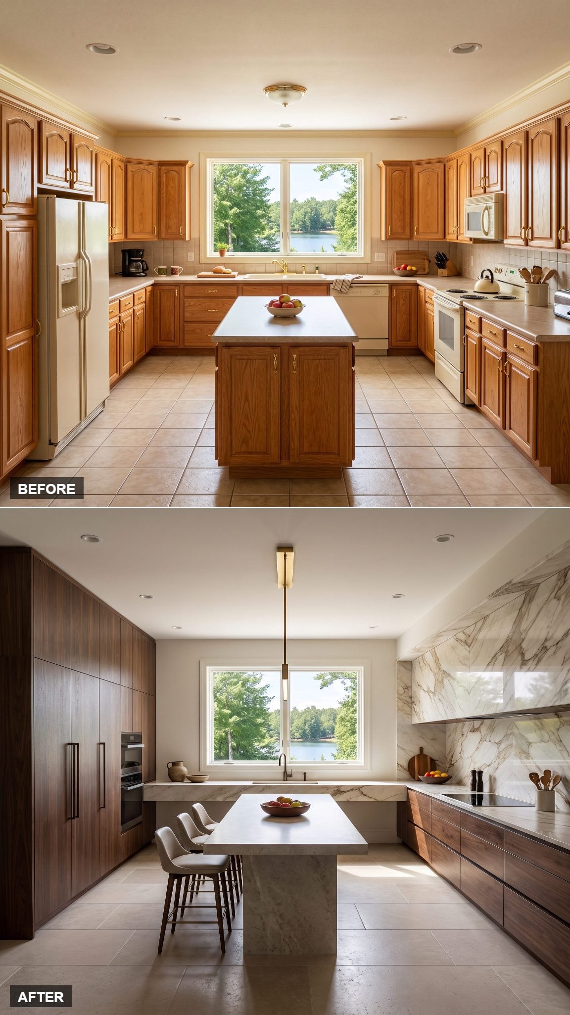Luxury kitchen with dark walnut cabinetry and a dramatic full-height veined marble backsplash