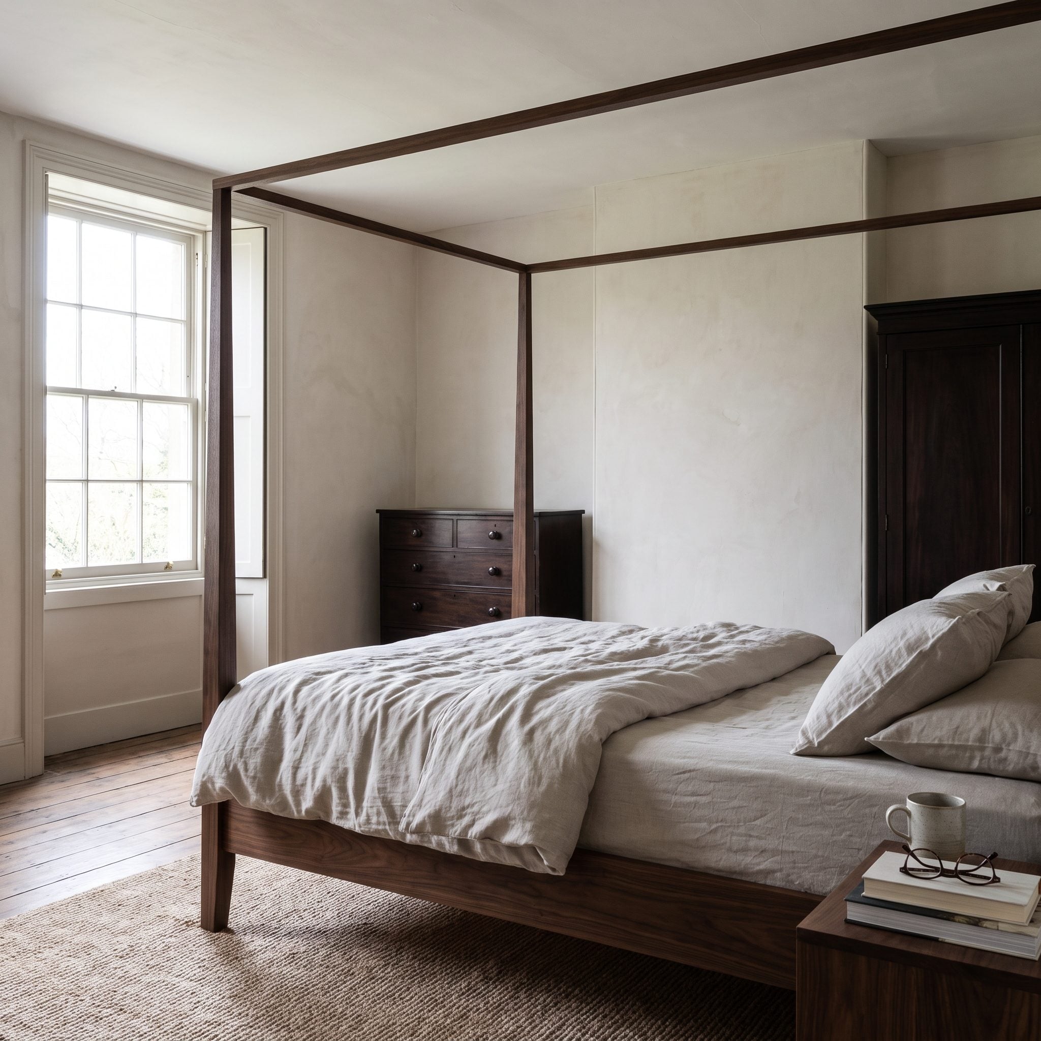 Bedroom with a matching dark walnut bed, dresser, and nightstand set against chalky off-white walls.