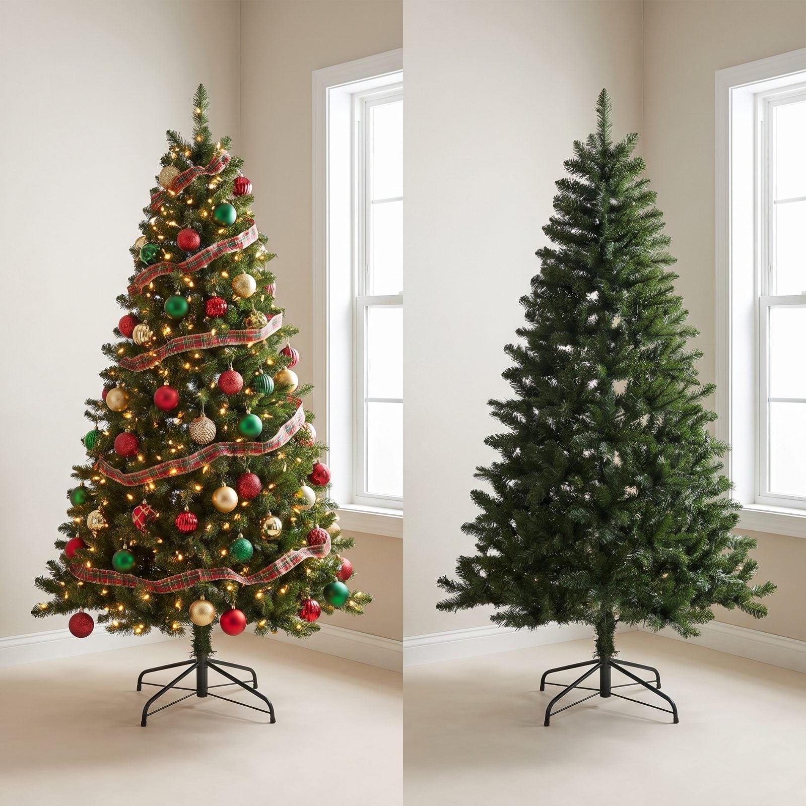 Artificial tree decorated only on the front face with bare plastic branches visible on the side.