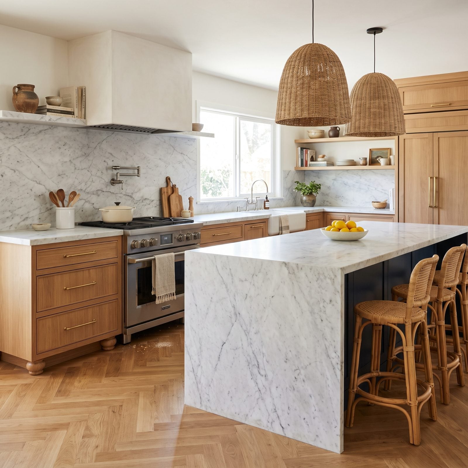 White oak kitchen cabinets raised on carved bun feet with a shallow recessed gap underneath collecting crumbs and dust.