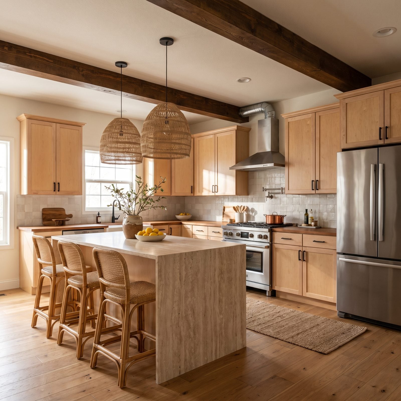 White kitchen with dark ceiling beams that cast a shadow on the counter and crowd the range hood duct.