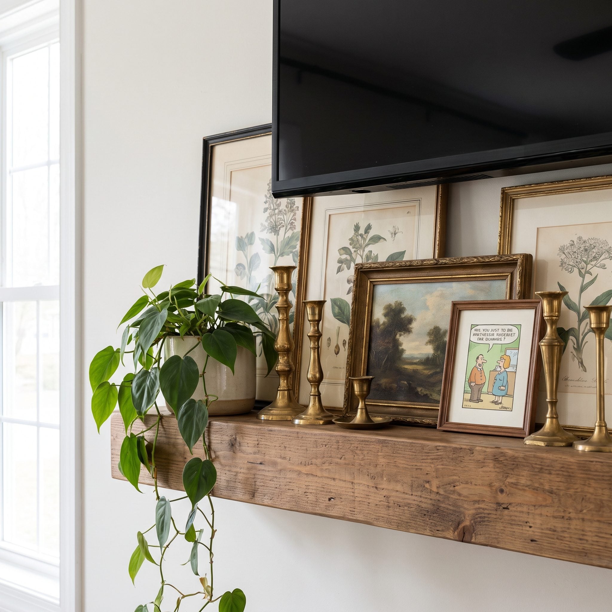 The Decorative Mantel Display Squeezed Beneath the Television