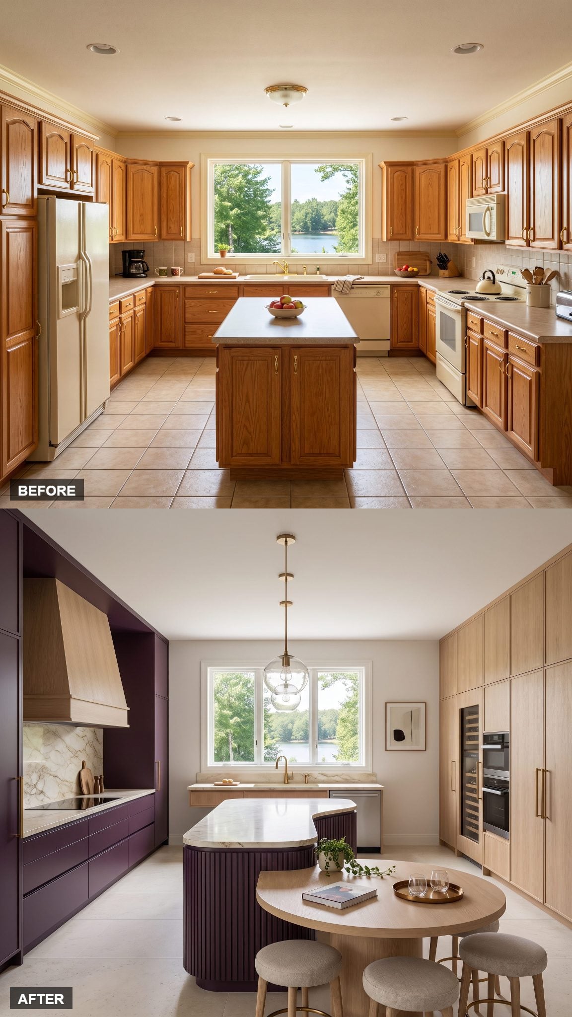 Contemporary kitchen with deep aubergine fluted cabinetry, pale oak and an asymmetrical island