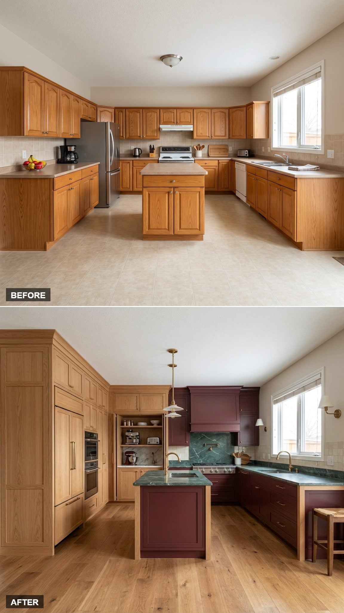 Deep Burgundy and Natural Oak with Pocket-Door Cabinetry Hiding a Full Back Kitchen