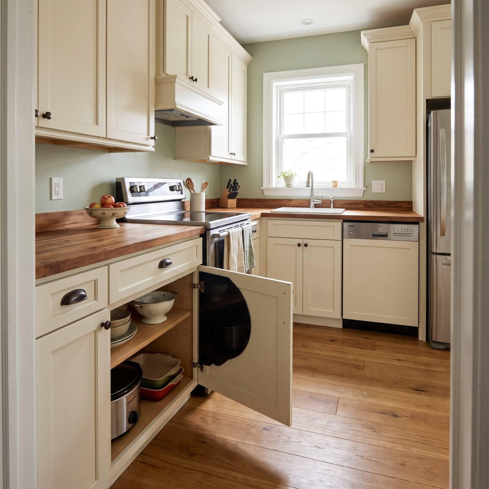 Deep Lower Cabinets With Fixed Shelves You Have to Crawl Into