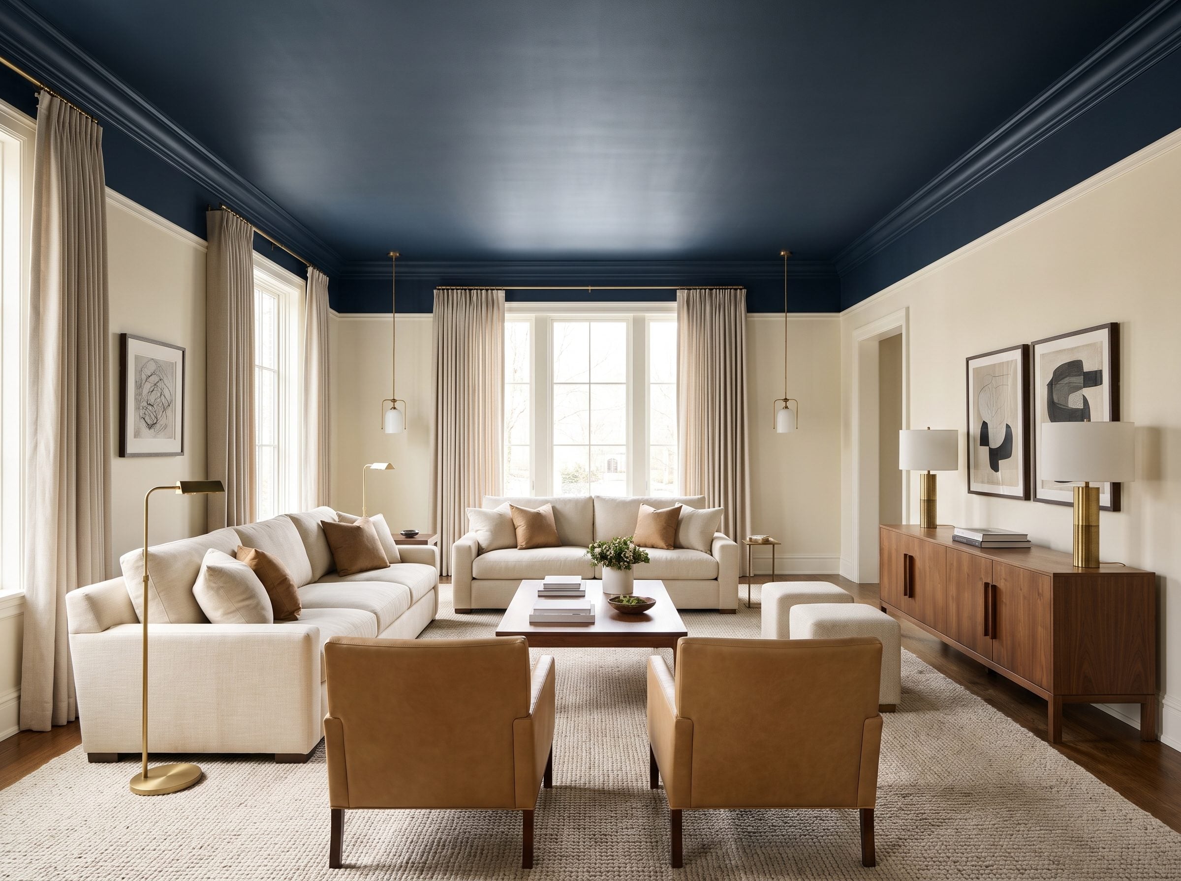 Living room with 9-foot ceilings painted matte navy blue meeting ivory walls at a white crown molding line, above a linen