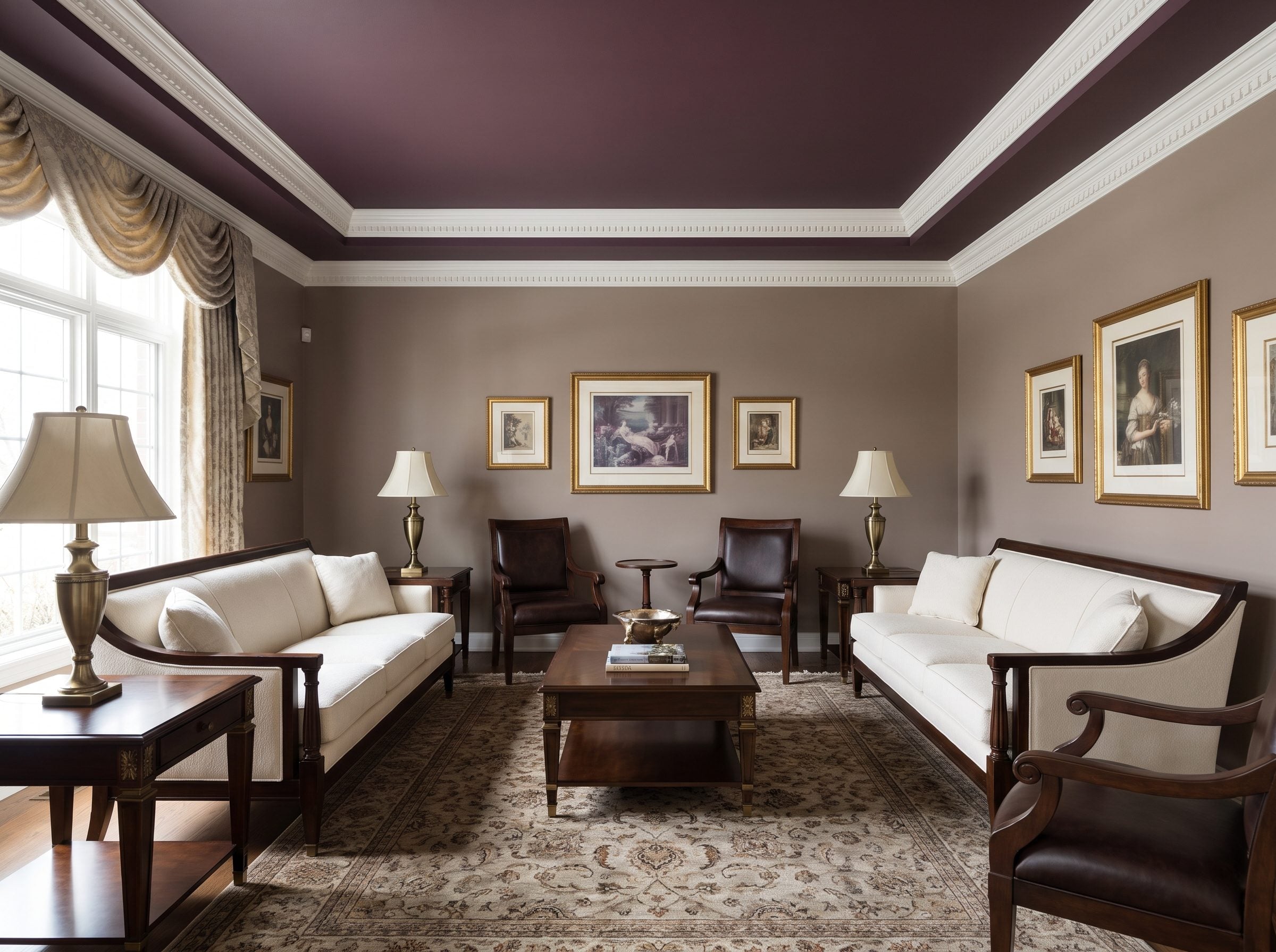 Formal sitting room with a purple-brown plum ceiling framed by white crown molding above two facing ivory sofas and a