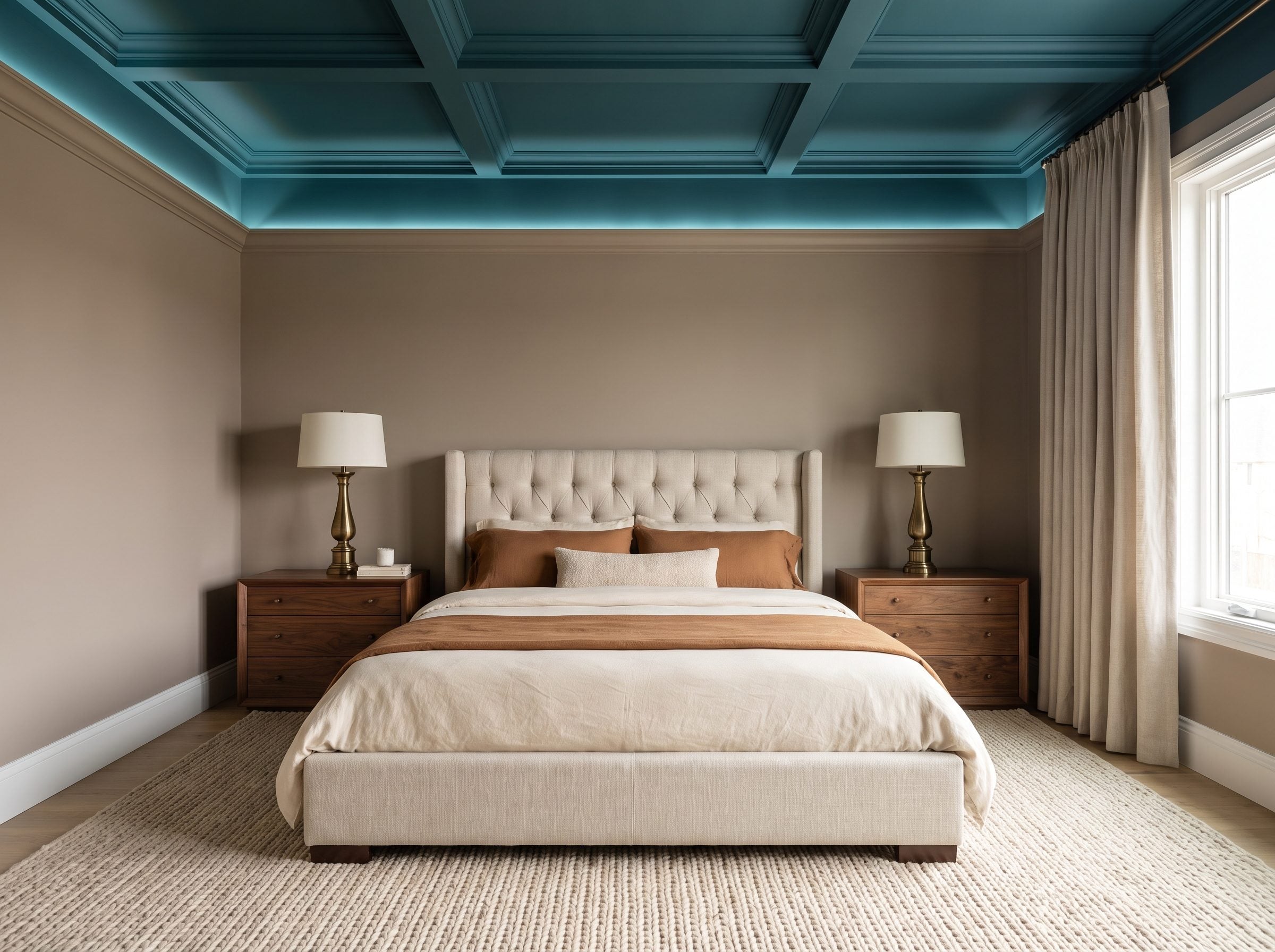 Deep Teal Ceiling in a Moody Bedroom: The White Overhead Was a Lightbulb's Problem, Not Yours