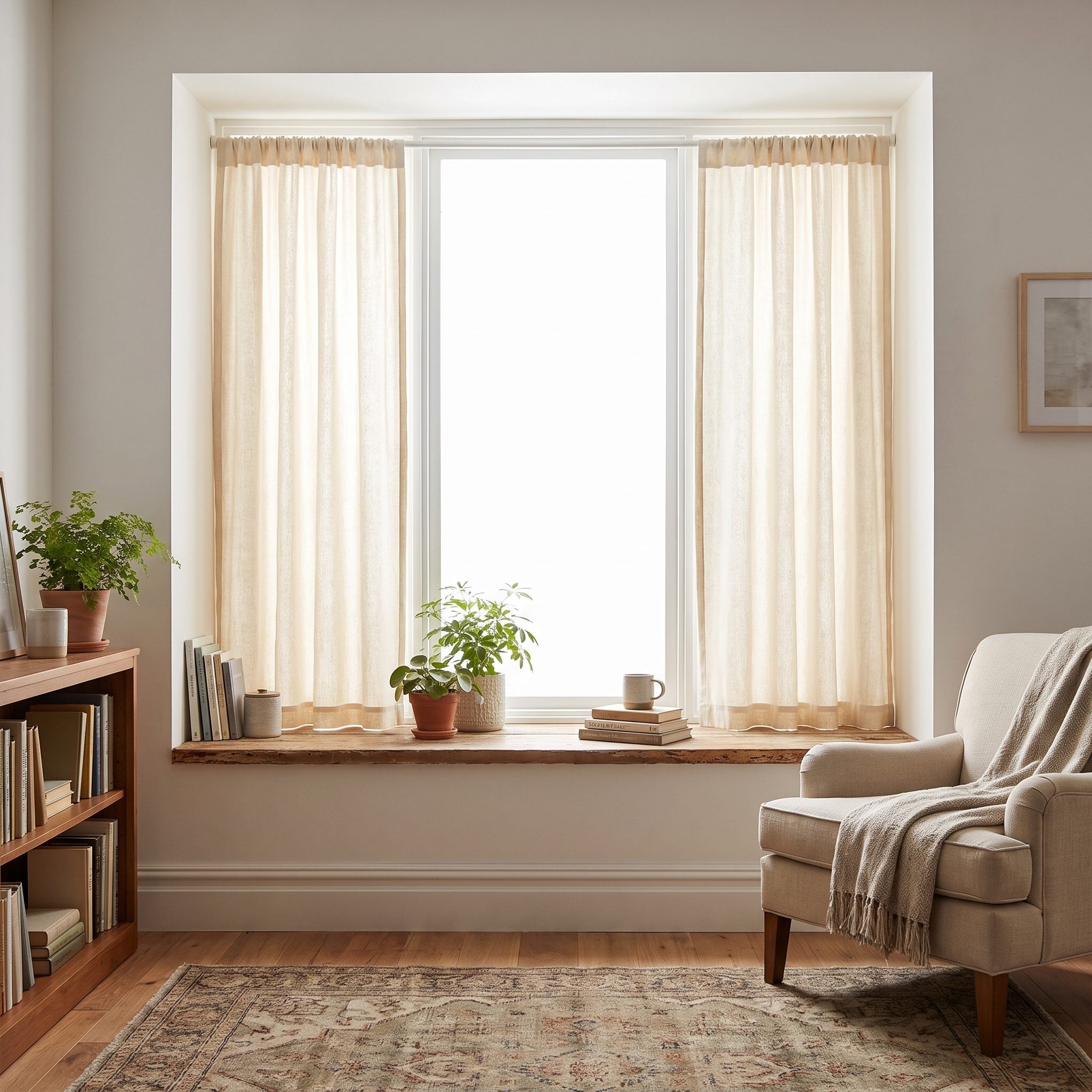 Living room with a deep window recess where linen curtain panels end at the wooden sill instead of reaching the floor.