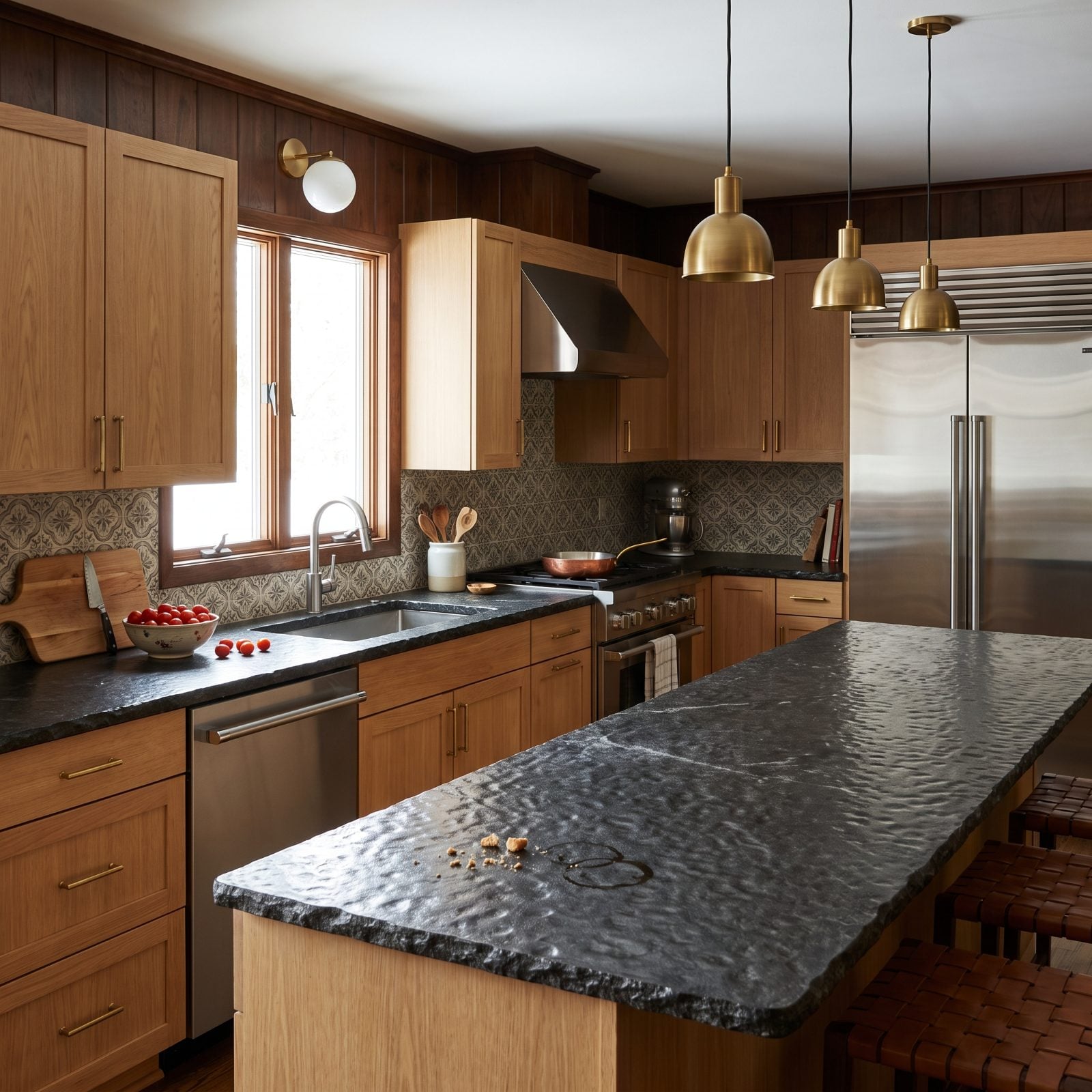White oak kitchen with a heavily leathered granite counter showing crumbs and a coffee ring settled into the pitted texture.
