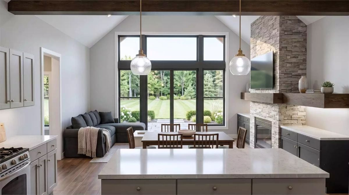 Globe Pendants and a Stone Fireplace Wall Pull the Great Room Together