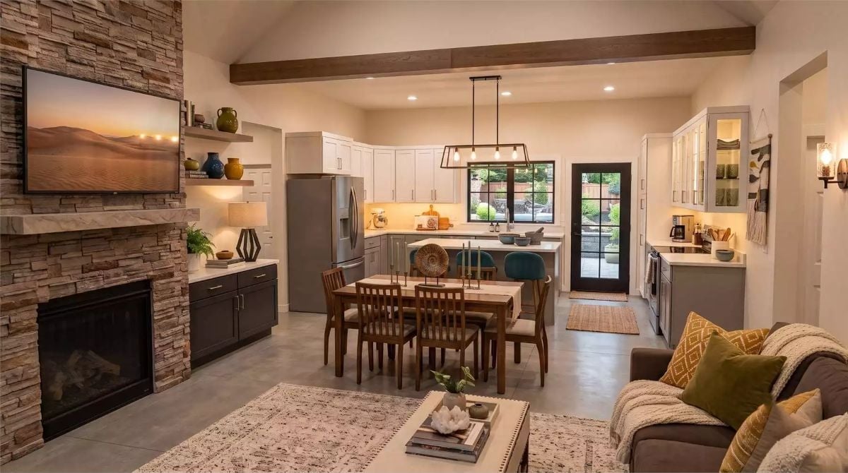 Stone Fireplace, Exposed Beams, and a Kitchen That Doesn't Hide