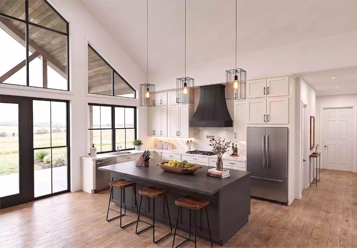 Cage Pendants and a Dark Island Counter That Pull the Kitchen Together