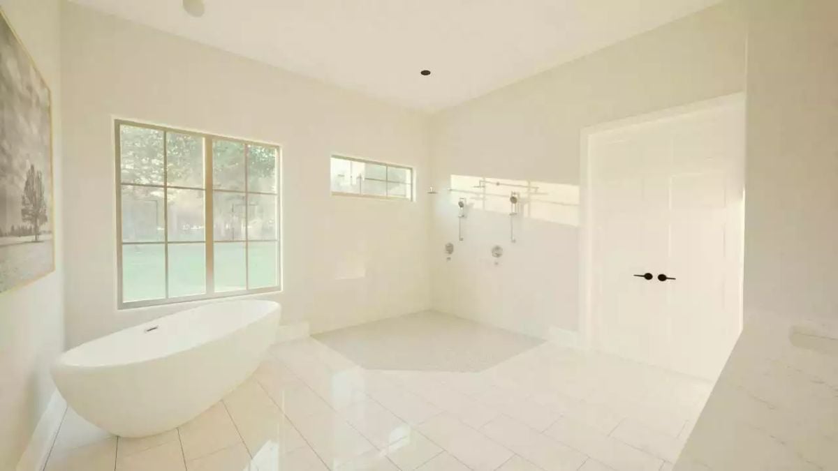 Freestanding Soaking Tub Positioned Where the Window Light Does All the Work
