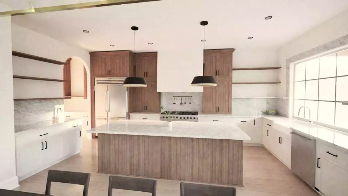 Warm Wood Uppers and a Fluted Island Base That Actually Earns the Attention