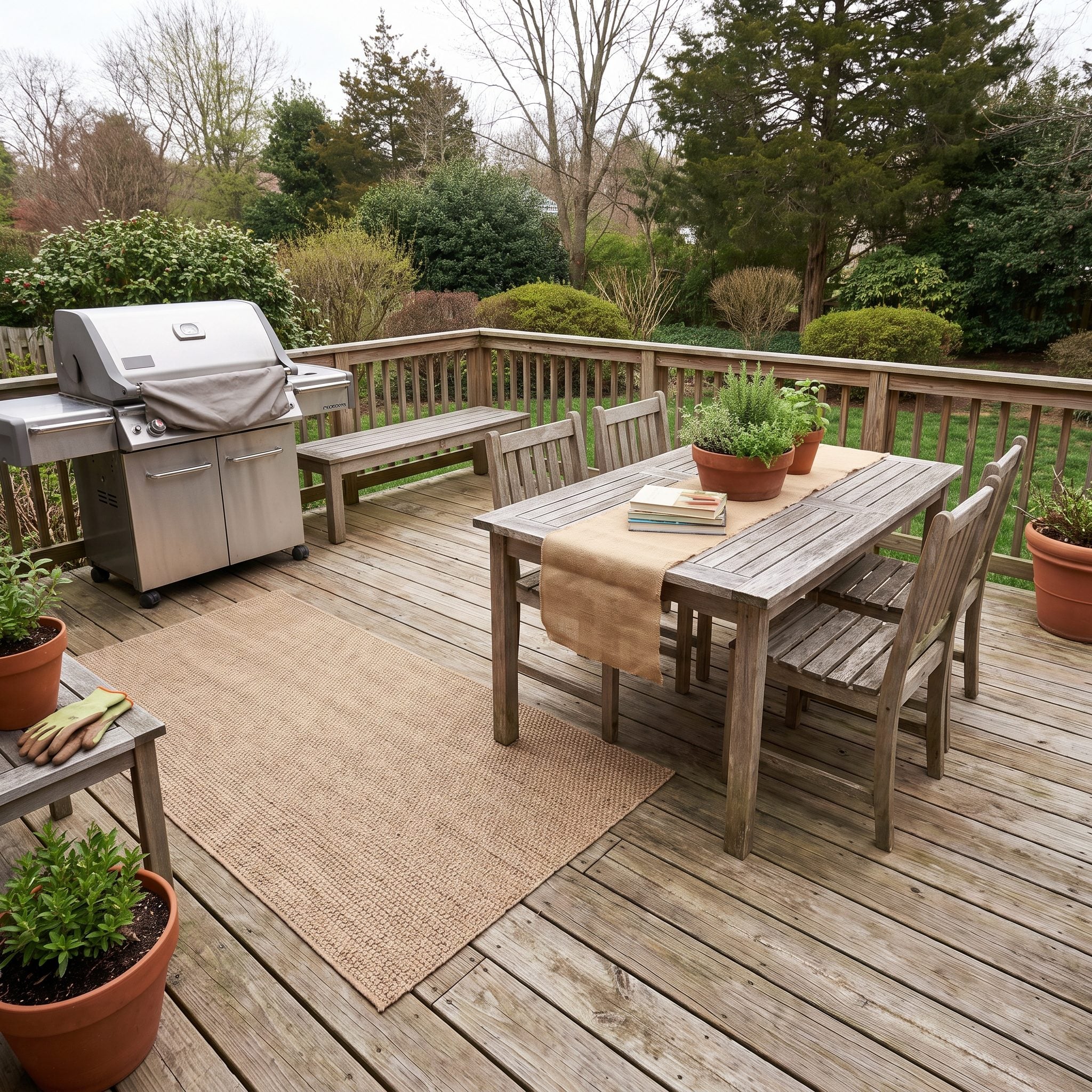 Deck designed as an outdoor room with a pergola, defined seating and dining zones, an outdoor rug, and layered warm lighting.