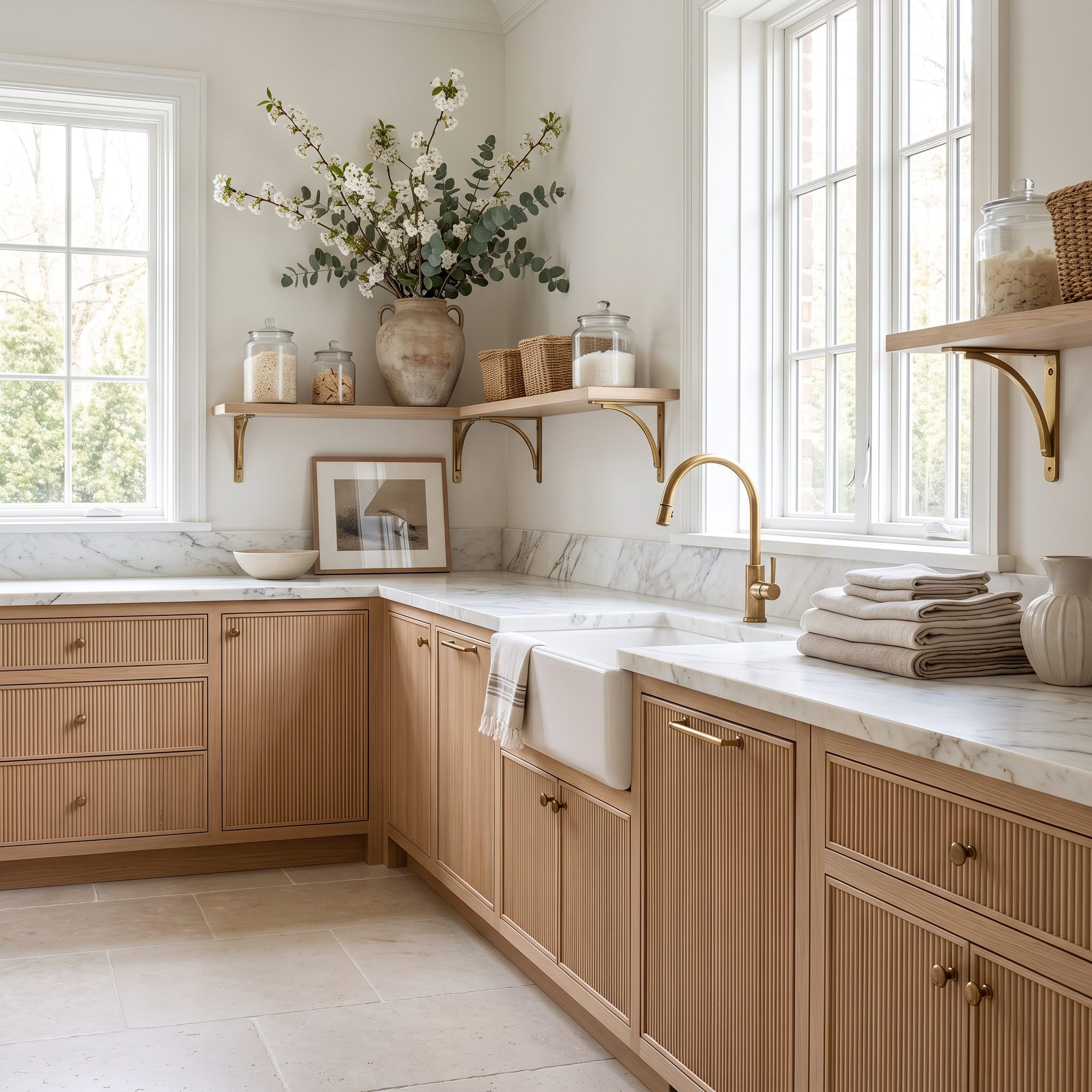 Styled marble-and-brass laundry room with flowers and books but no hamper, drying rack, or sorting bins in sight.