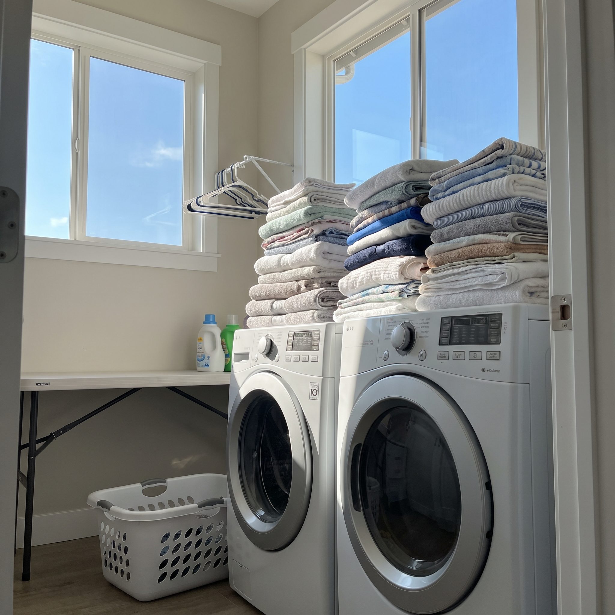 Sage green laundry room with clean folded laundry stacked in floor baskets because there is no landing spot.