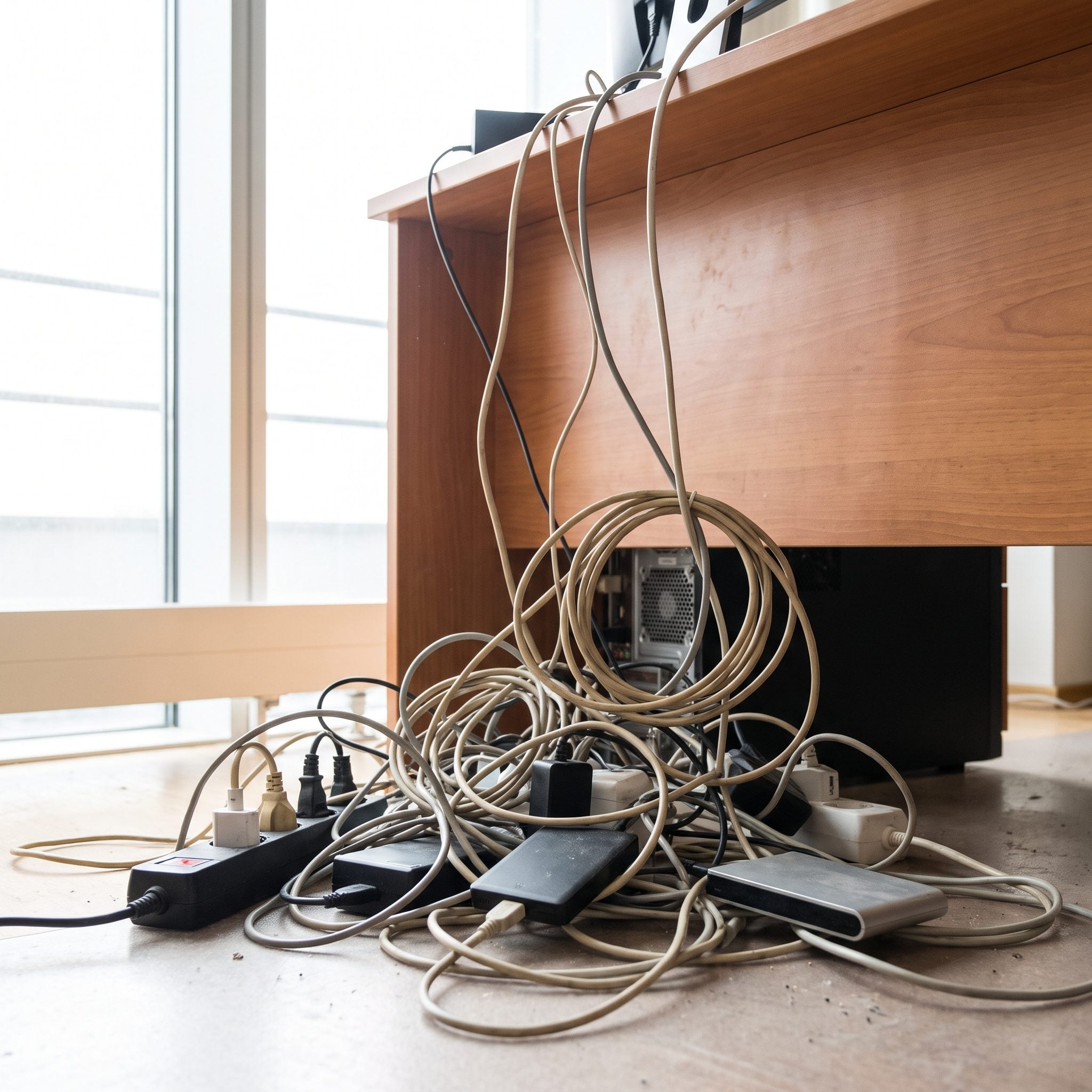 The Desk Buried in Cables Despite Everyone's Best Efforts