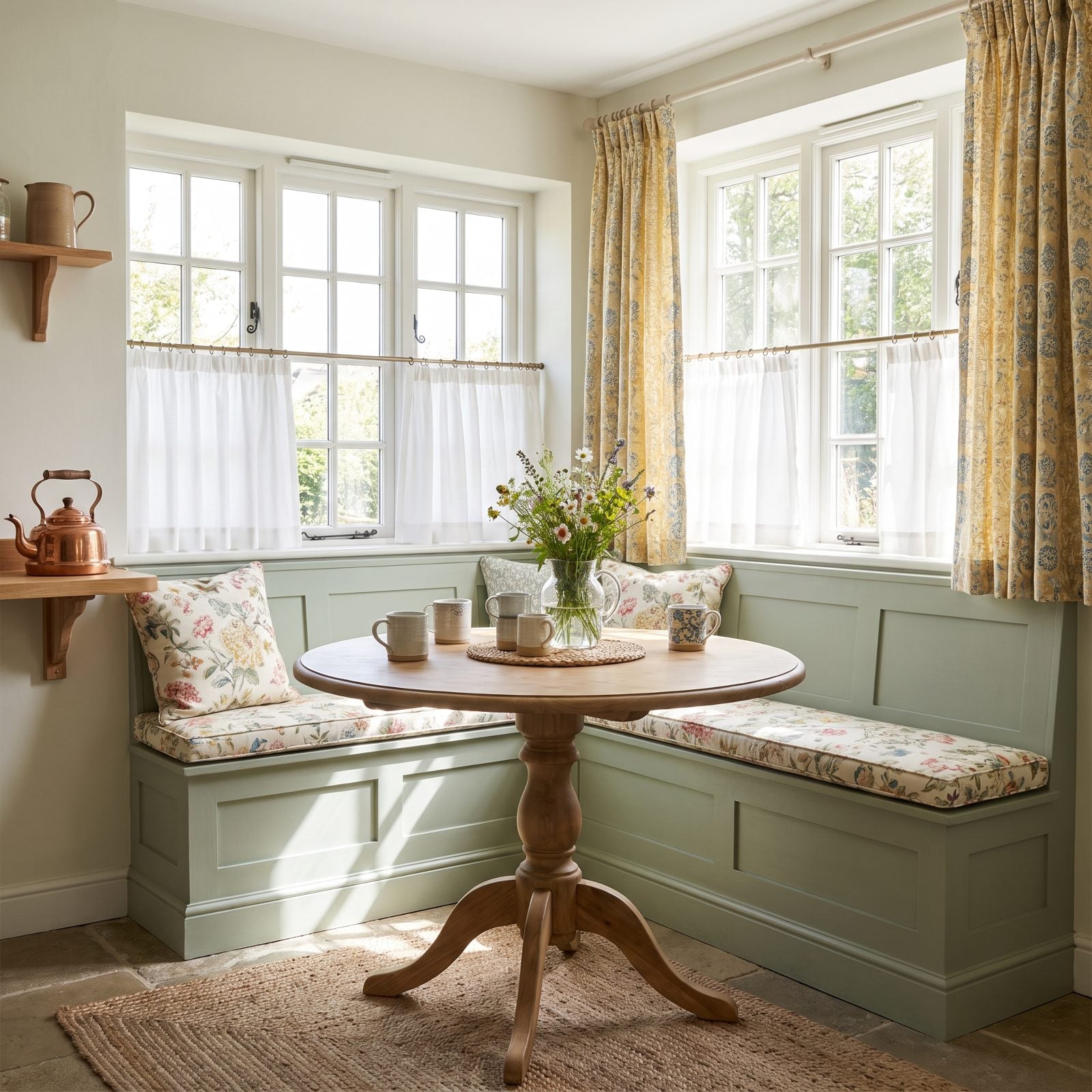 Dining Nook With Café Curtains Below and Tall Side Panels Above