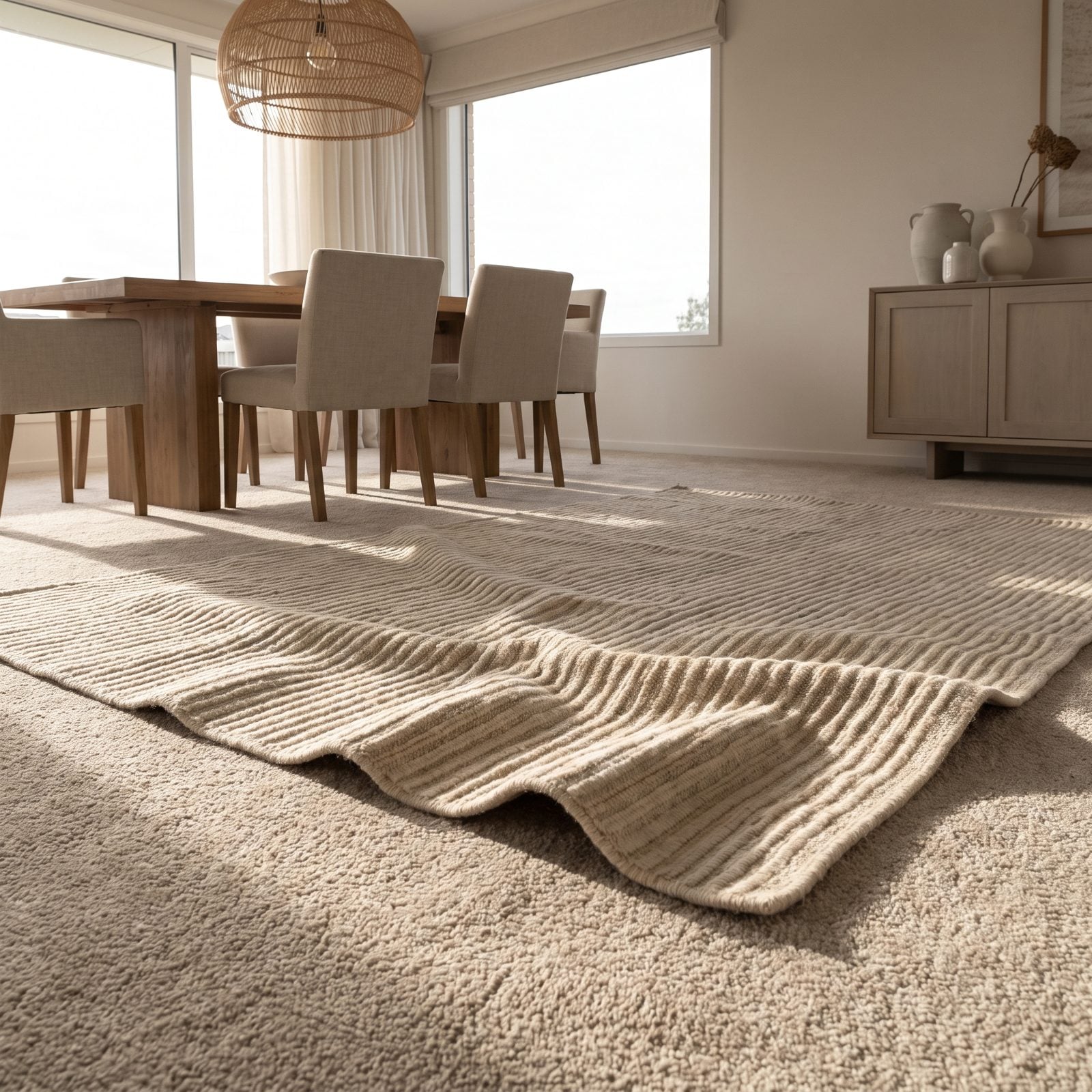 Dining room where a wool area rug over plush wall-to-wall carpet has two soft ridges and a rippled corner.