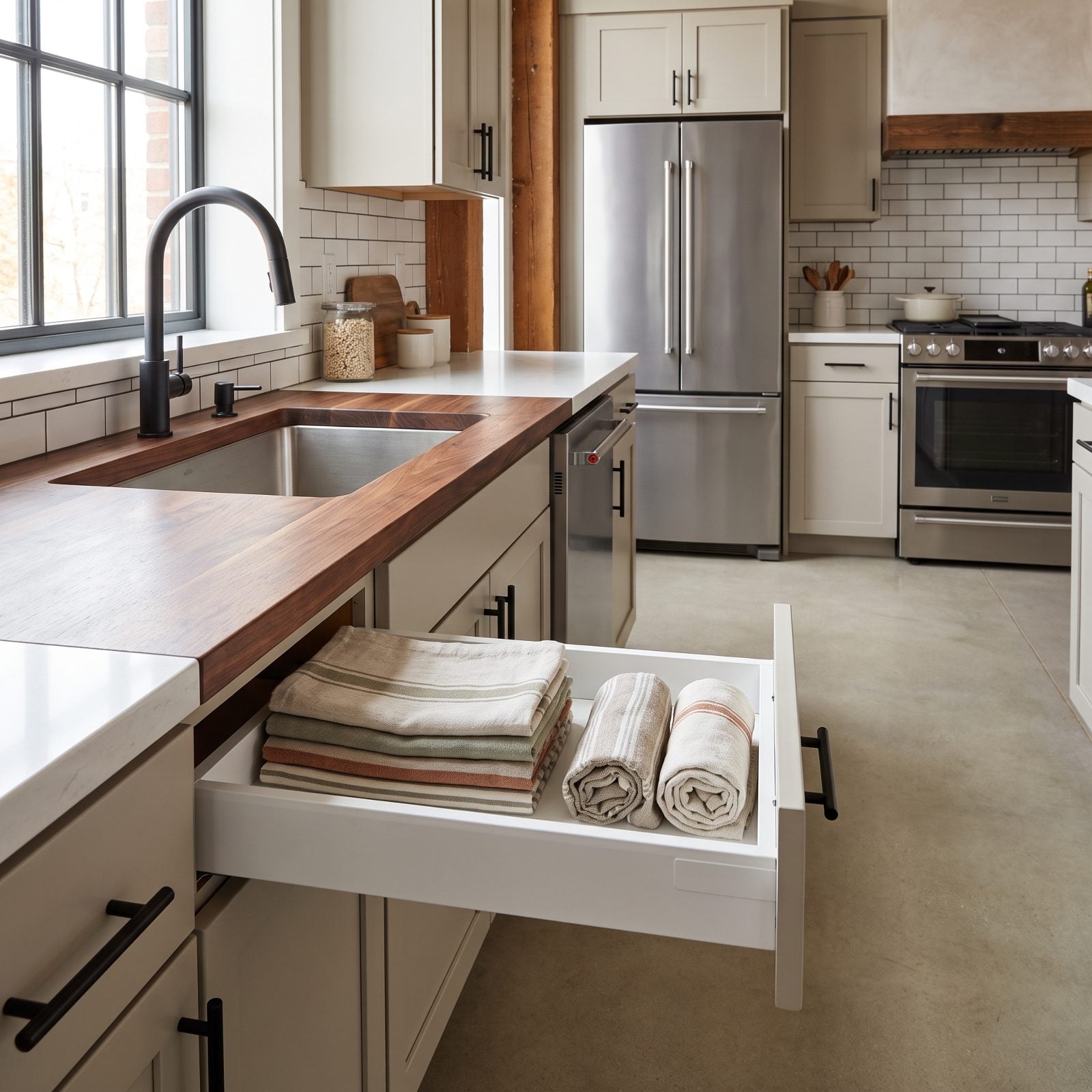 Dish Towels Stored Immediately Beside the Sink