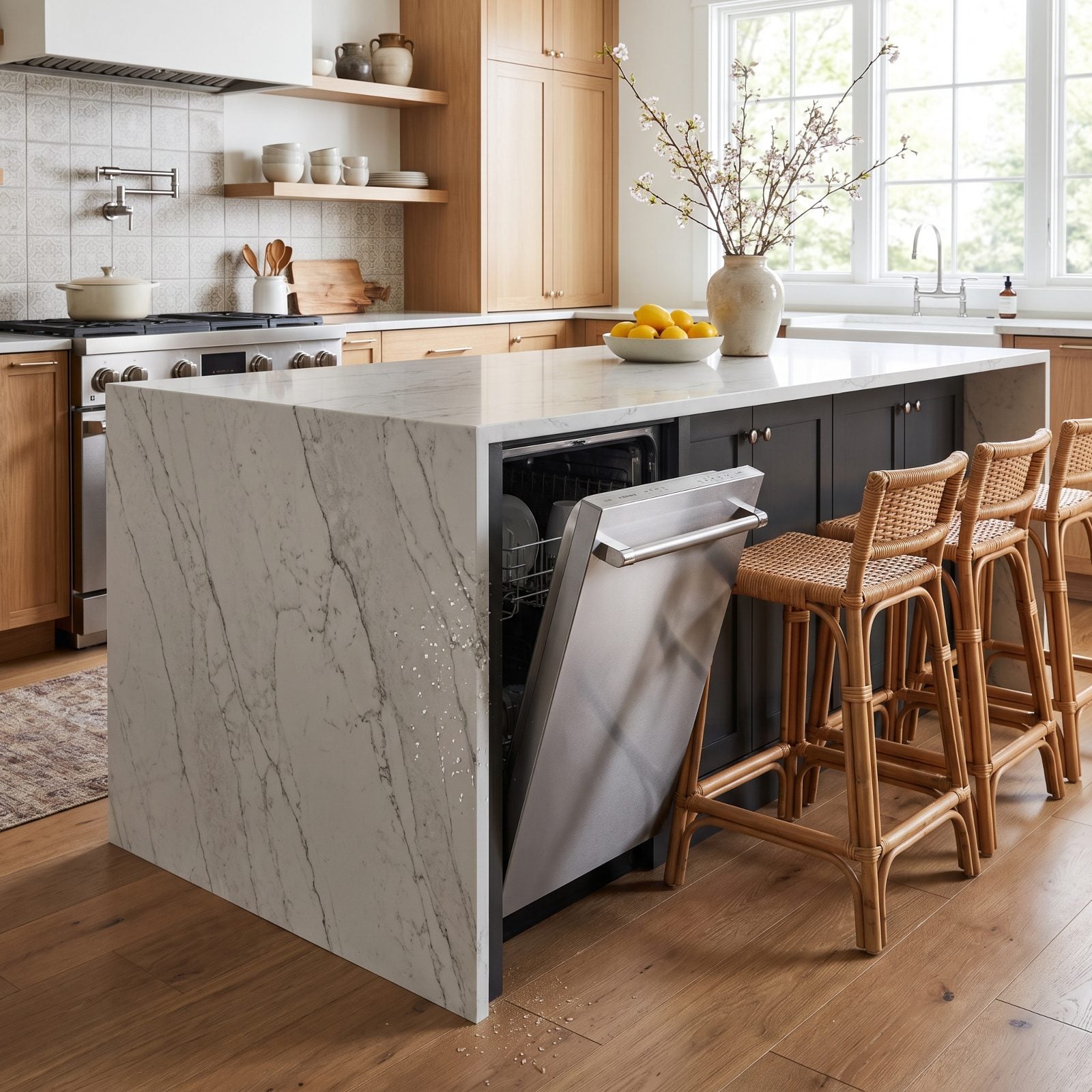Sage green kitchen where the open dishwasher door reaches almost to the waterfall island's mitered corner.