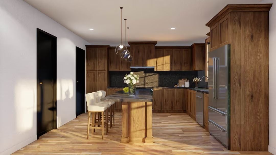 Walnut Cabinets, Marble Island, and Pendant Lights That Actually Earn Their Place