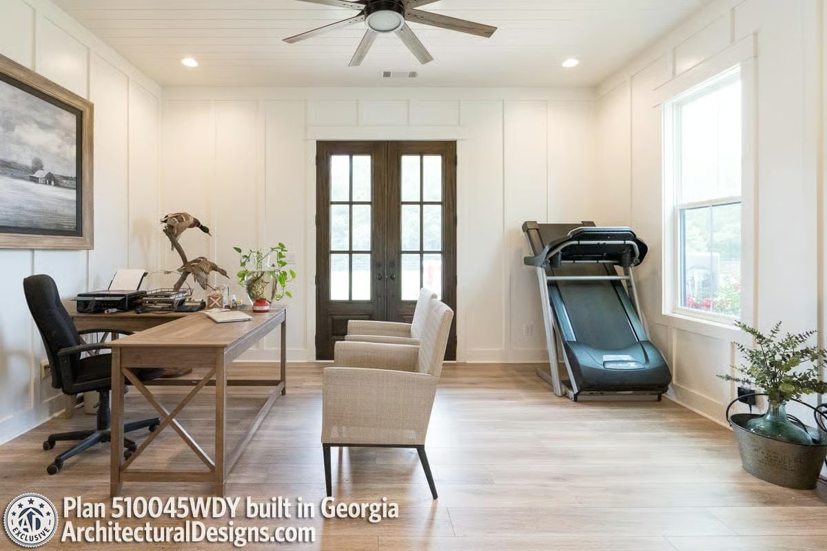 Folded Treadmill and Farmhouse Desk Share a Room Without Apologizing